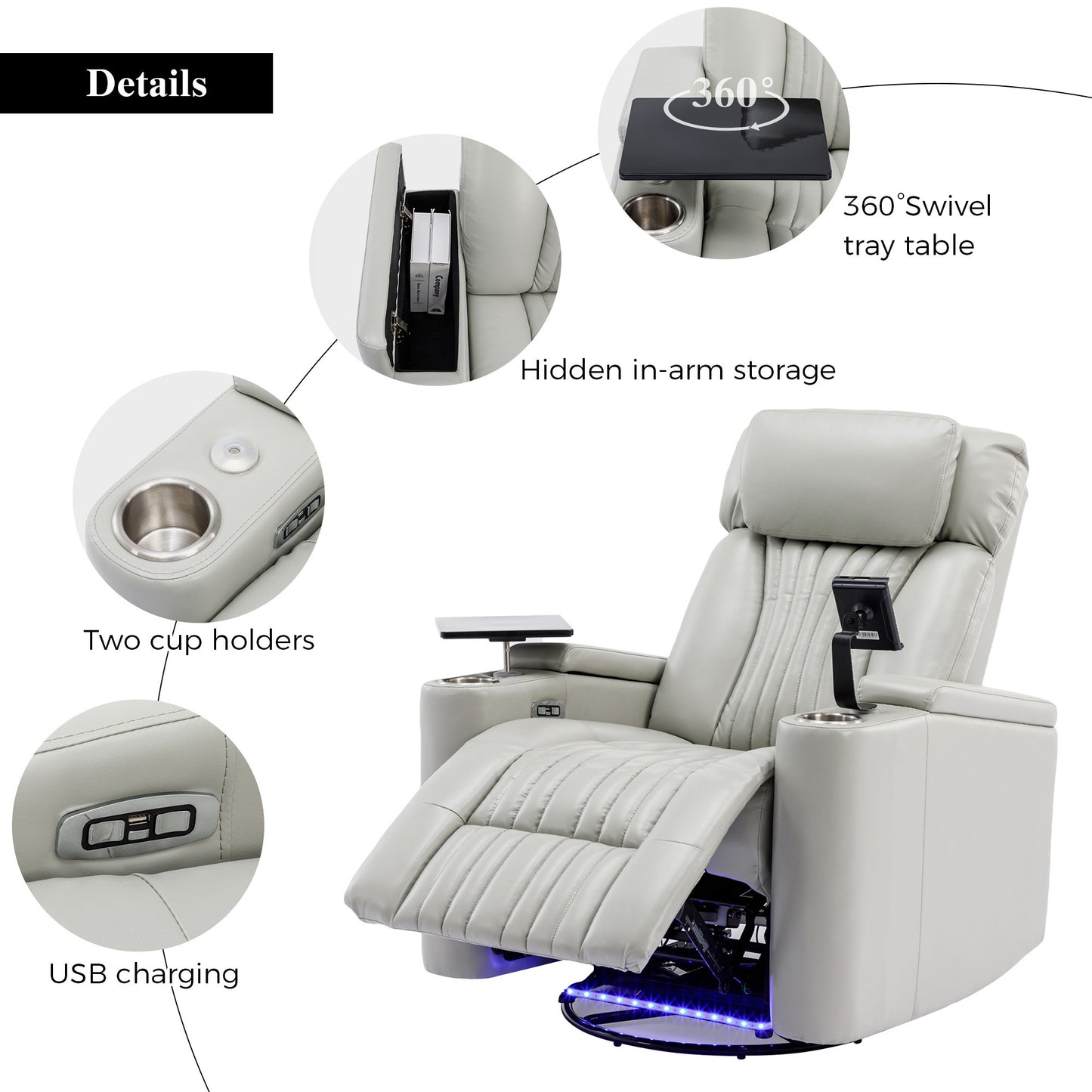270° Power Swivel Recliner,Home Theater Seating With Hidden Arm Storage and  LED Light Strip,Cup Holder,360° Swivel Tray Table,and Cell Phone Holder,Soft Living Room Chair,Grey