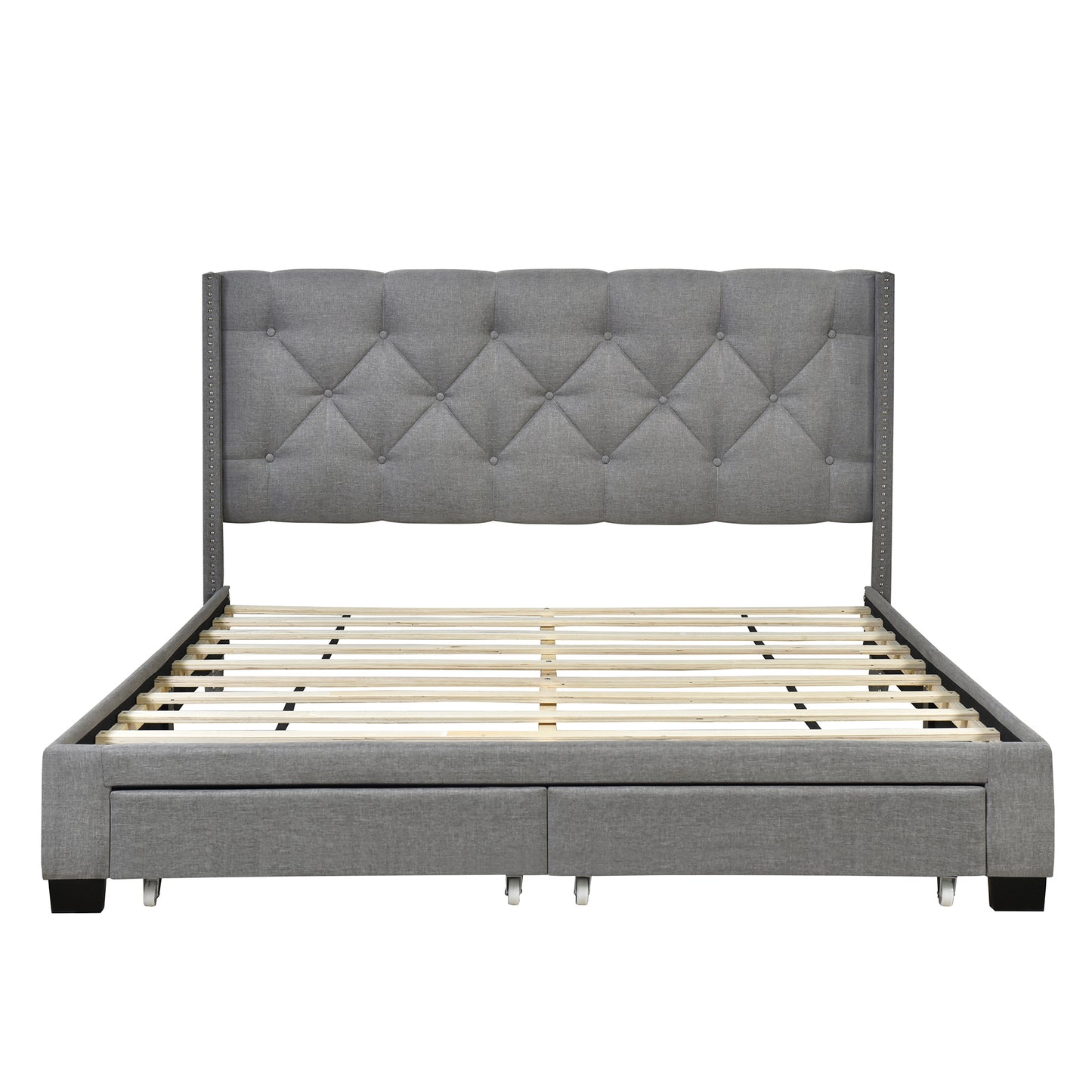 Queen Size Storage Bed Linen Upholstered Platform Bed with Two Drawers - Gray