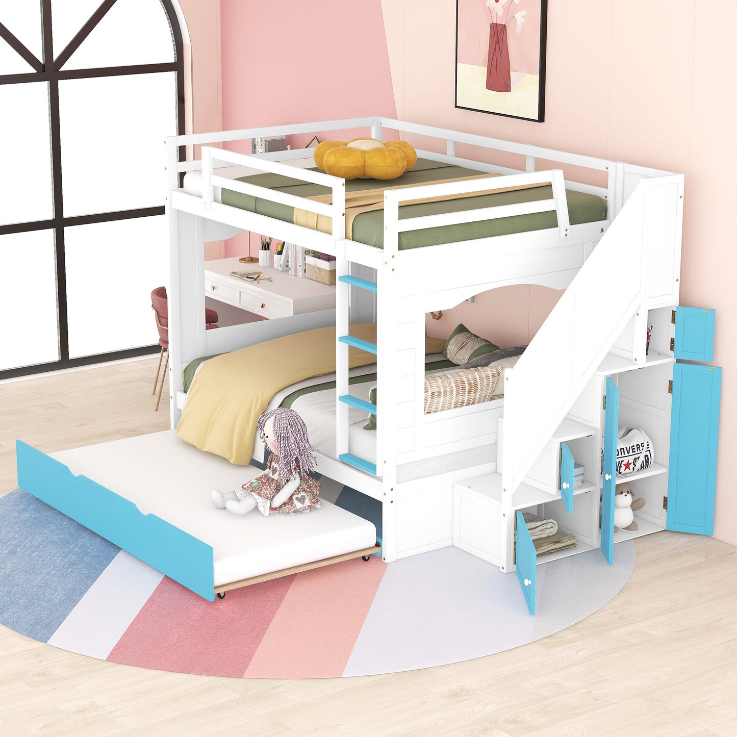 Full Over Full Bunk Bed with Trundle ,Stairs,Ladders Solid Wood Bunk bed with Storage Cabinet (White + Blue)
