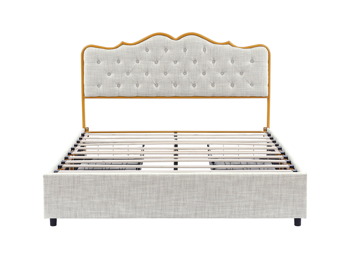 Classic steamed bread shaped backrest, metal frame, solid wood ribs, with four storage drawers, sponge soft bag, comfortable and elegant atmosphere, light gray, Full- size, F sleeping bed