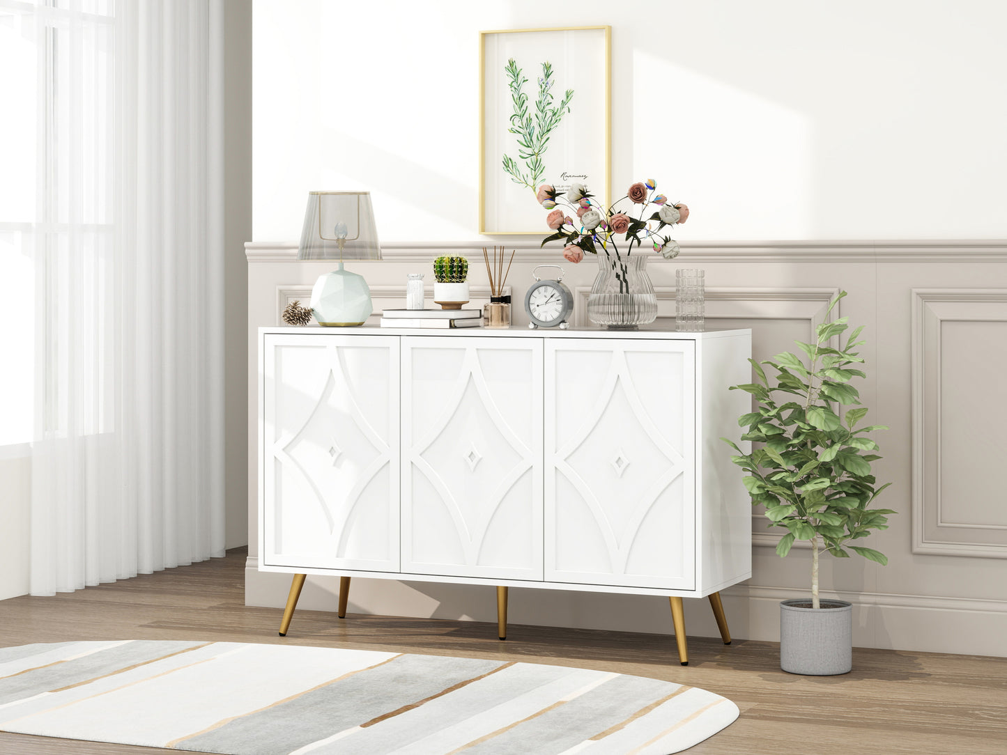 3 Door Storage Cabinet Accent Cabinet with Storage,Sideboard with Adjustable Shelf, Kitchen Cabinet, Diamond-shaped decoration Door for Living Room, Kitchen, Dining Room ,Enchence