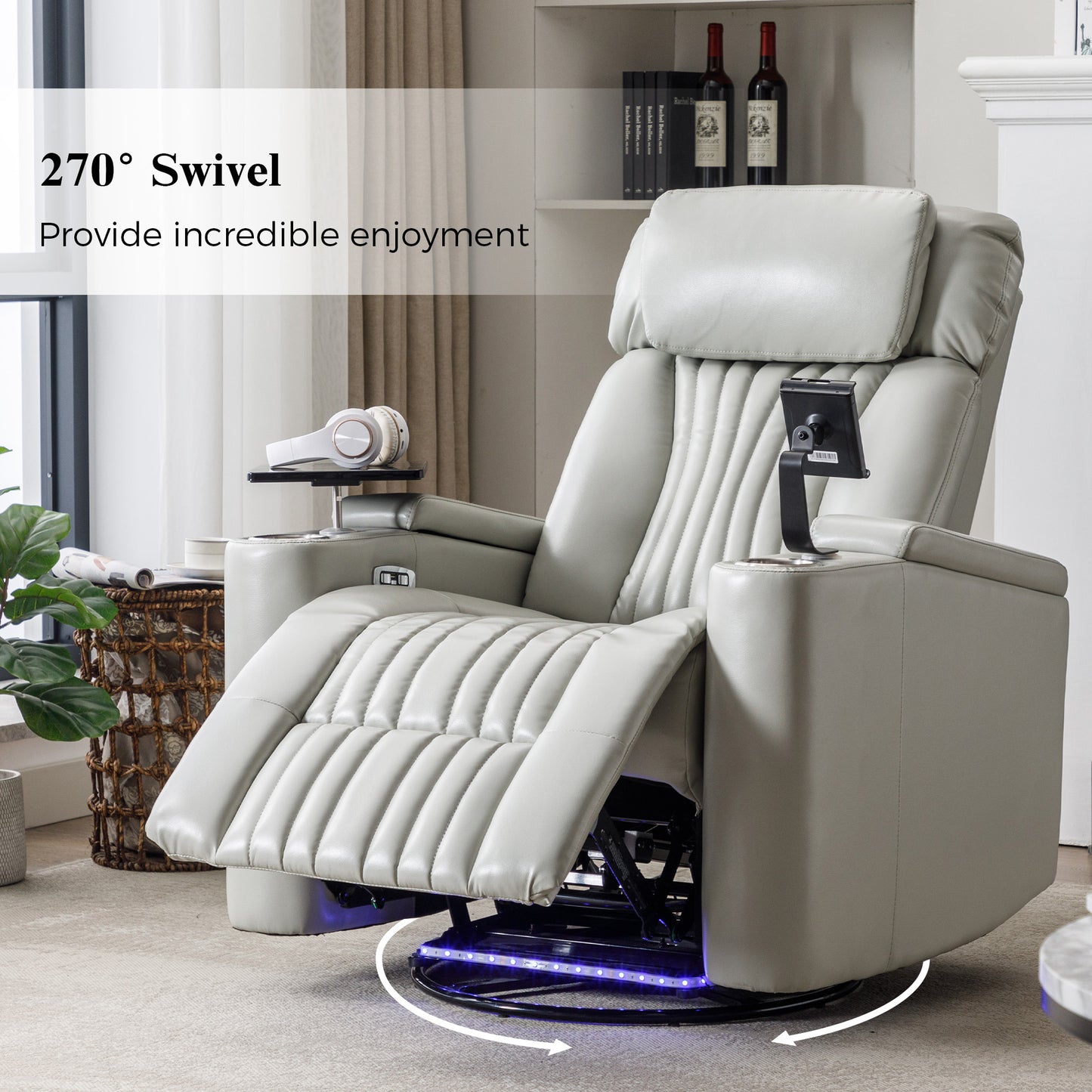 270° Power Swivel Recliner,Home Theater Seating With Hidden Arm Storage and  LED Light Strip,Cup Holder,360° Swivel Tray Table,and Cell Phone Holder,Soft Living Room Chair,Grey