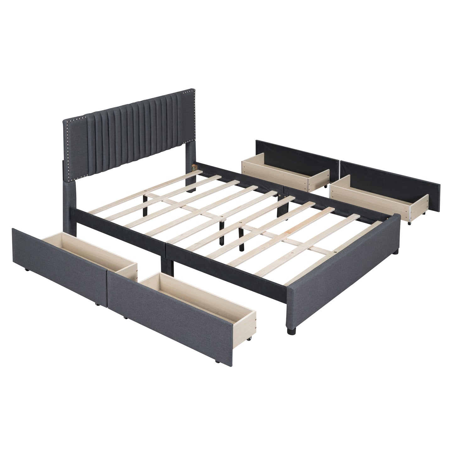 Queen Size Upholstered Platform Bed with Classic Headboard and 4 Drawers, Linen Fabric, Gray
