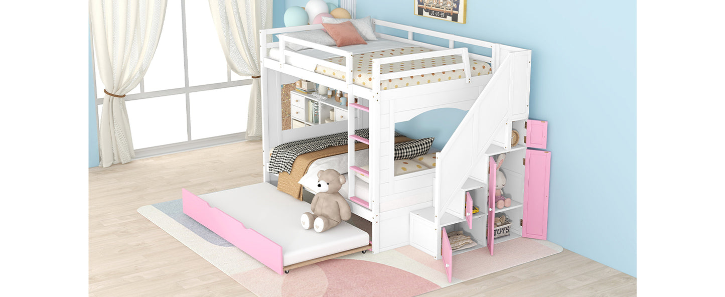 Full Over Full Bunk Bed with Trundle ,Stairs,Ladders Solid Wood Bunk bed with Storage Cabinet (White + Pink)