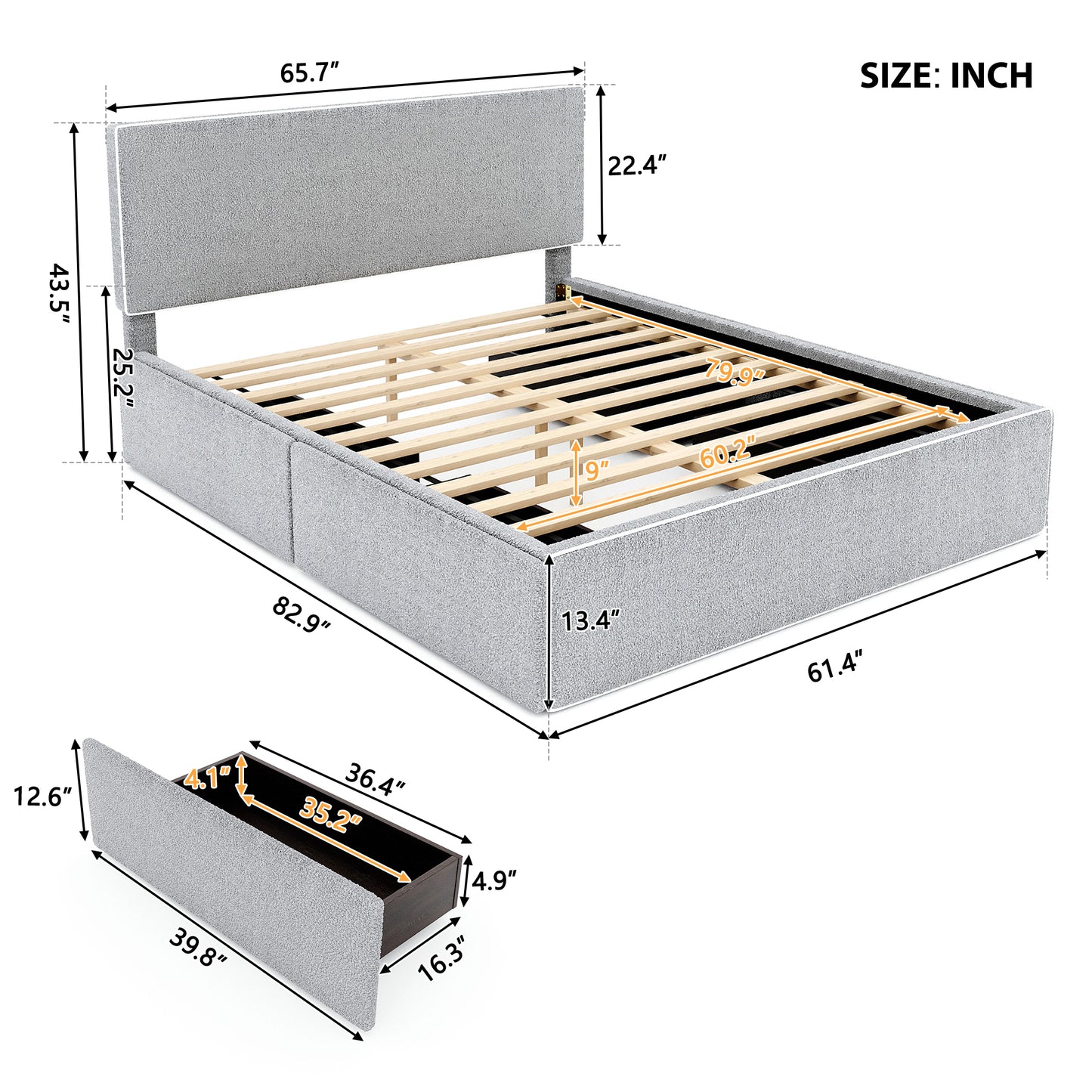 Queen Size Upholstered Platform Bed with 4 Drawers and White Edge on the Headboard & Footboard, Gray