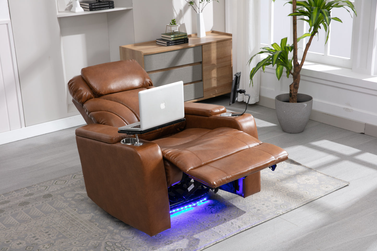 Power Motion Recliner with USB Charging Port and Hidden Arm Storage, Home Theater Seating with Convenient Cup Holder Design ,and stereo(Light  Brown)