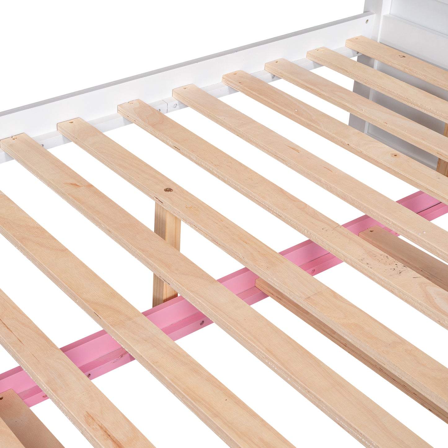 Full Over Full Bunk Bed with Trundle ,Stairs,Ladders Solid Wood Bunk bed with Storage Cabinet (White + Pink)