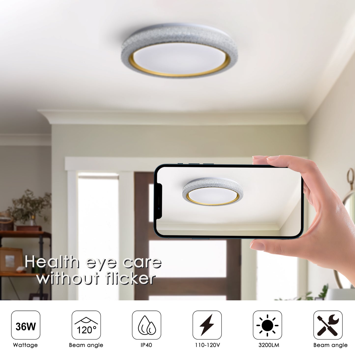 LED Flush Mount Ceiling Light Fixture, 19.69in 36W,3600LM, 5 CCT Colors 2700K 3000K 3500K 4000K 5000K, Dimmable  Modern Flush Mount Light Fixture for Bedroom Bathroom Hallway