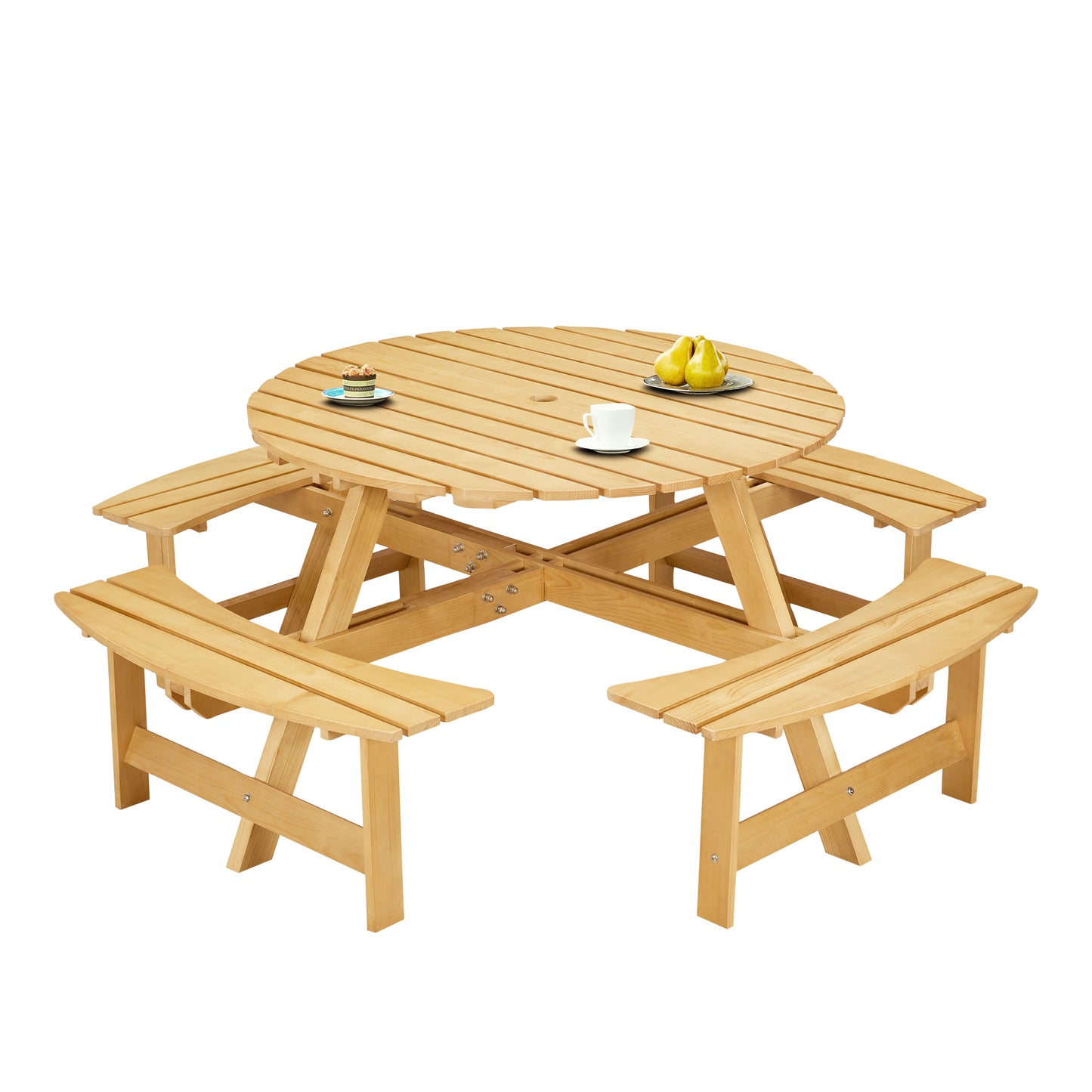 Outdoor 8 Person Picnic Table, 8 person Round Picnic Table with 4 Built-in Benches, Umbrella Hole, Outside Table and Bench Set for Garden, Backyard, Porch, Patio,  Natural