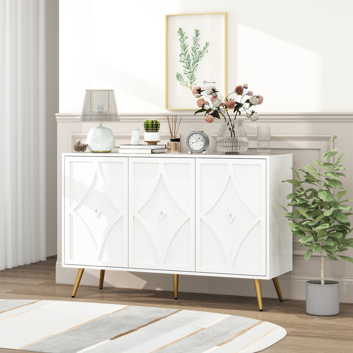 3 Door Storage Cabinet Accent Cabinet with Storage,Sideboard with Adjustable Shelf, Kitchen Cabinet, Diamond-shaped decoration Door for Living Room, Kitchen, Dining Room ,Enchence