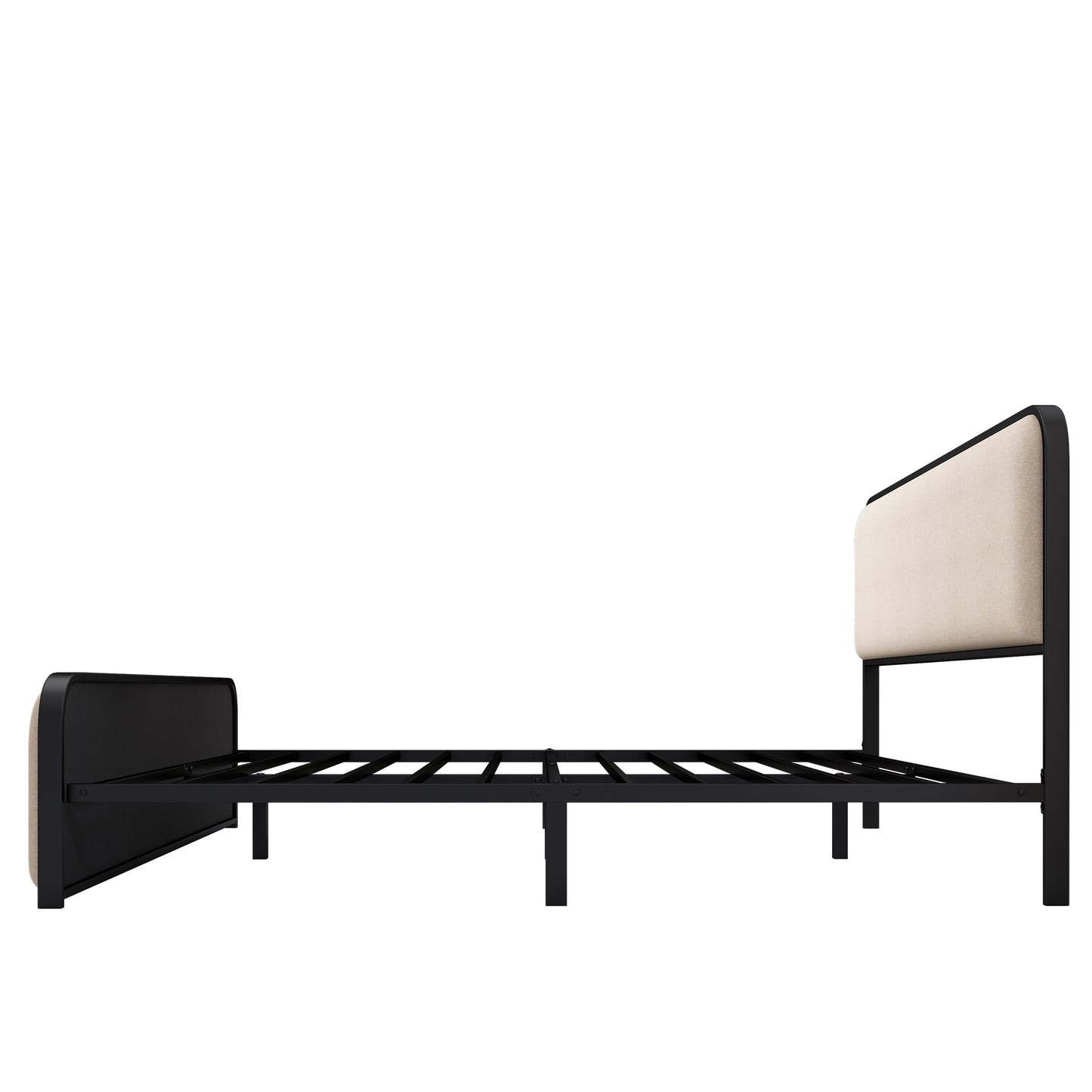 Modern Metal Bed Frame with Curved Upholstered Headboard and Footboard Bed with Under Bed Storage, Heavy Duty Metal Slats, King Size, Beige