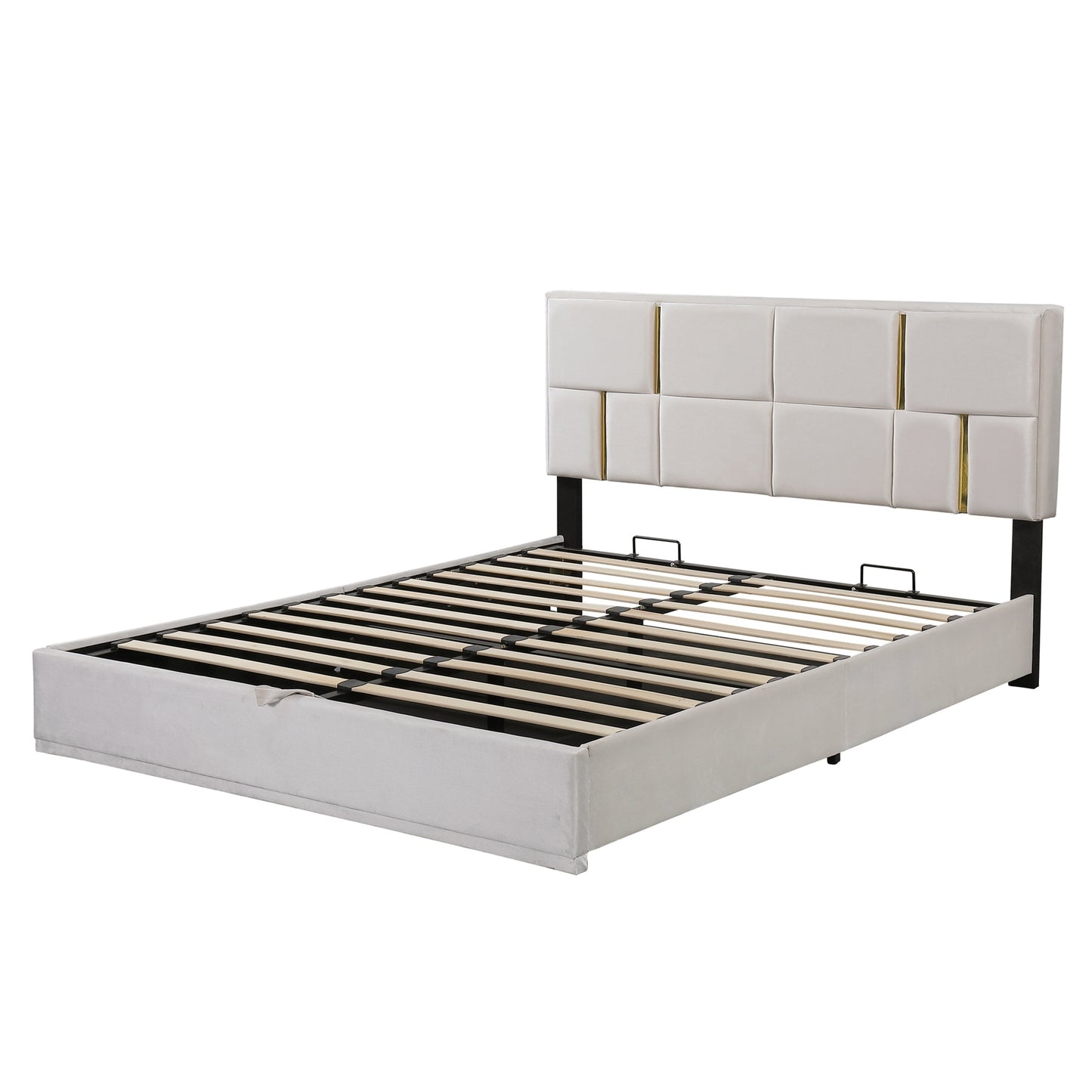 2-Pieces Bedroom Sets,Queen Size Upholstered Platform Bed with Hydraulic Storage System,Storage Ottoman with Metal Legs,Beige