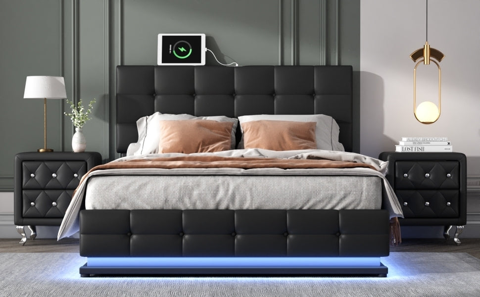 3-Pieces Bedroom Sets,Queen Size Upholstered Bed with LED Lights,Hydraulic Storage System and USB Charging Station, Two Nightstands with Crystal Decoration,Black