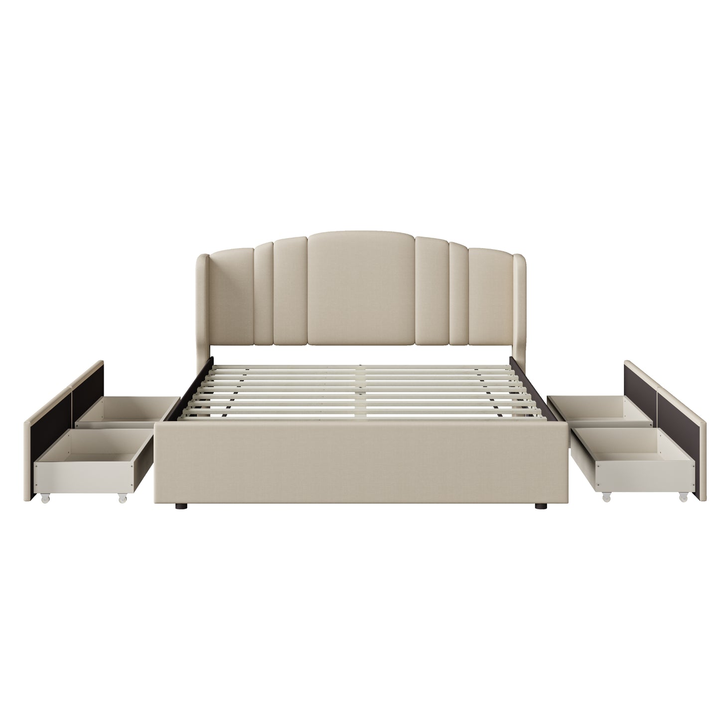 Upholstered Platform Bed with Wingback Headboard and 4 Drawers, No Box Spring Needed, Linen Fabric, Queen Size Beige
