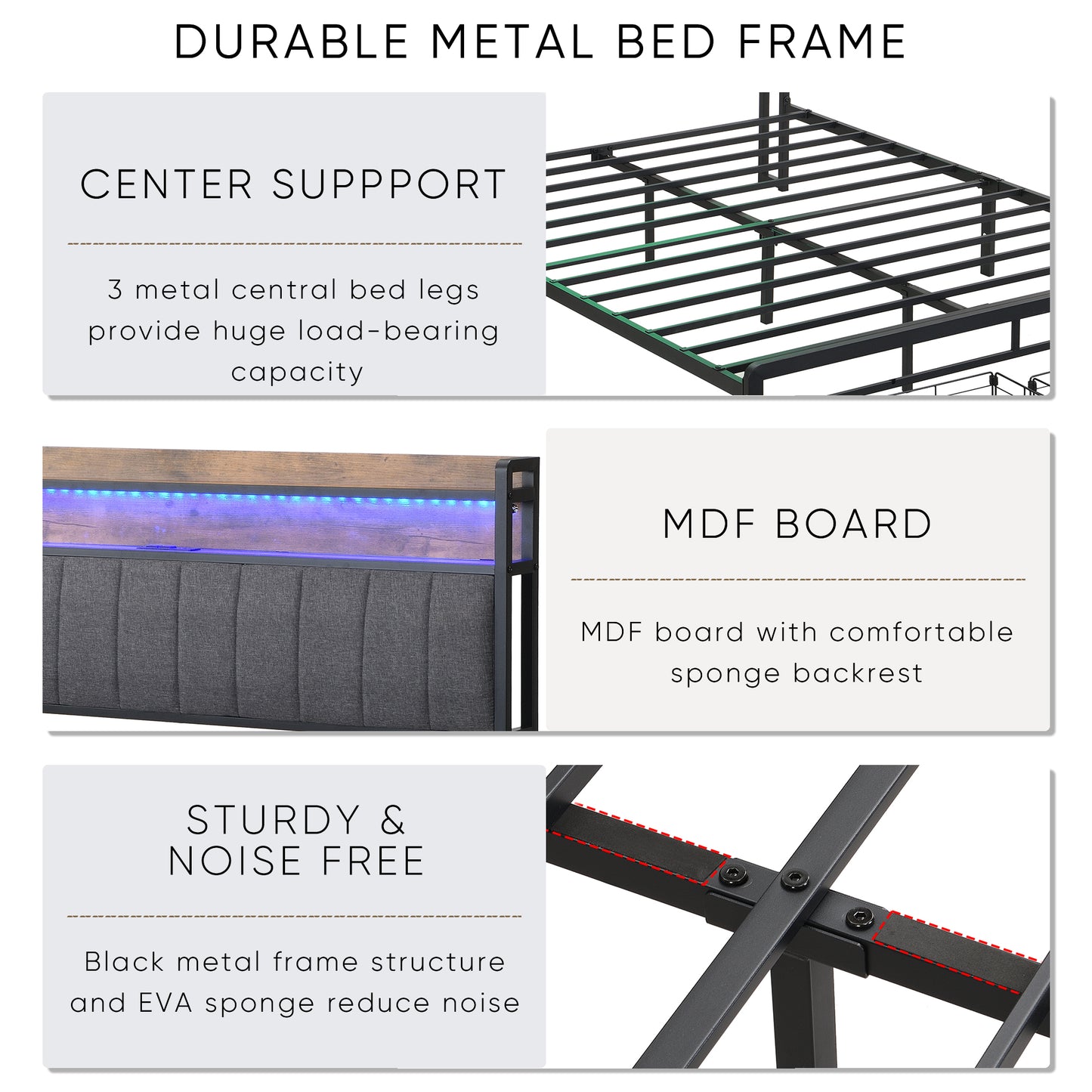 Queen Bed Frames with Storage Headboard and Drawers, LED Platform Bed Frame Queen Size, LED Upholstered Bed Frame with Charging Station, No Box Spring Needed, Easy Assembly