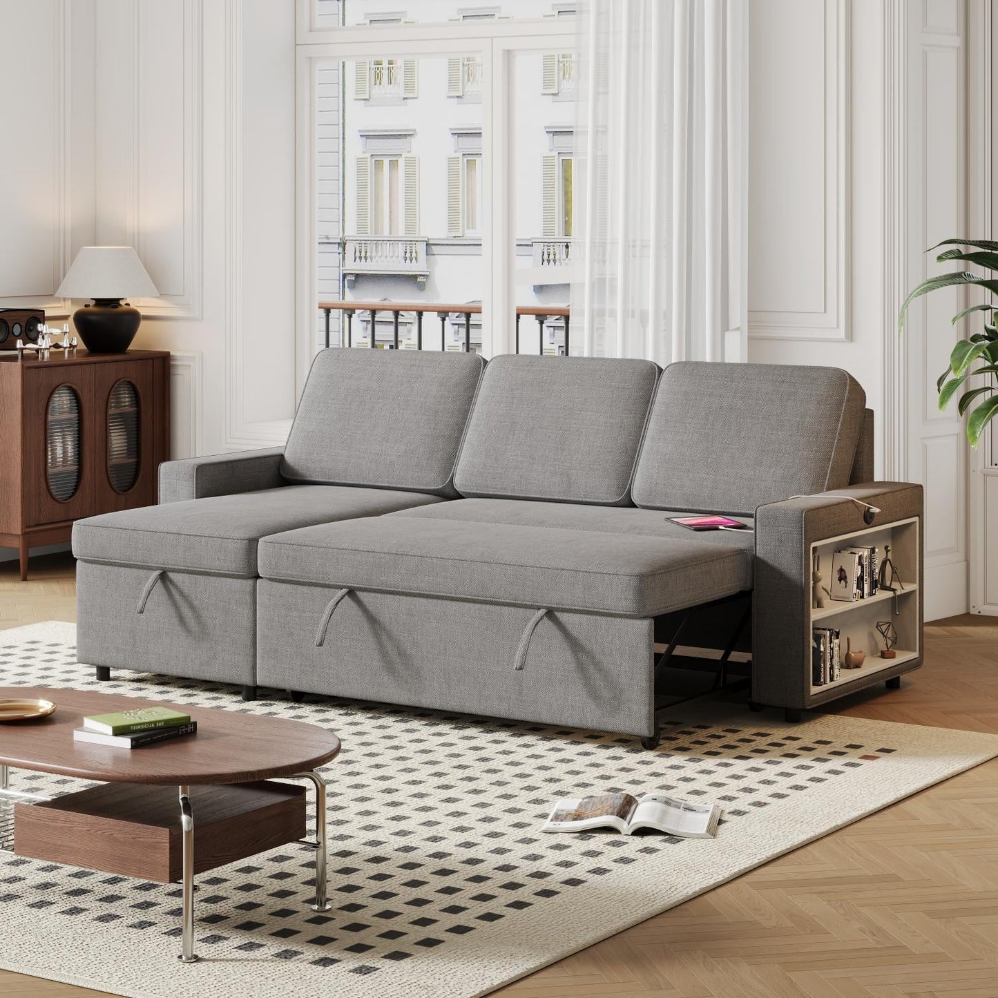 Ucloveria Sleeper Sofa, Sofa Bed- 2 in 1 Pull Out Couch Bed with Storage Chaise for Living Room, Sofa Sleeper with Pull Out Bed,Dark Grey Fabric Couch