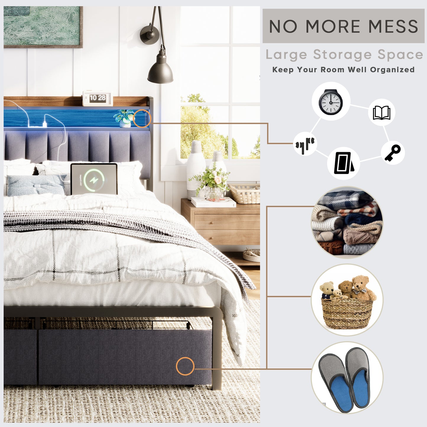 Queen Bed Frames with Storage Headboard and Drawers, LED Platform Bed Frame Queen Size, LED Upholstered Bed Frame with Charging Station, No Box Spring Needed, Easy Assembly