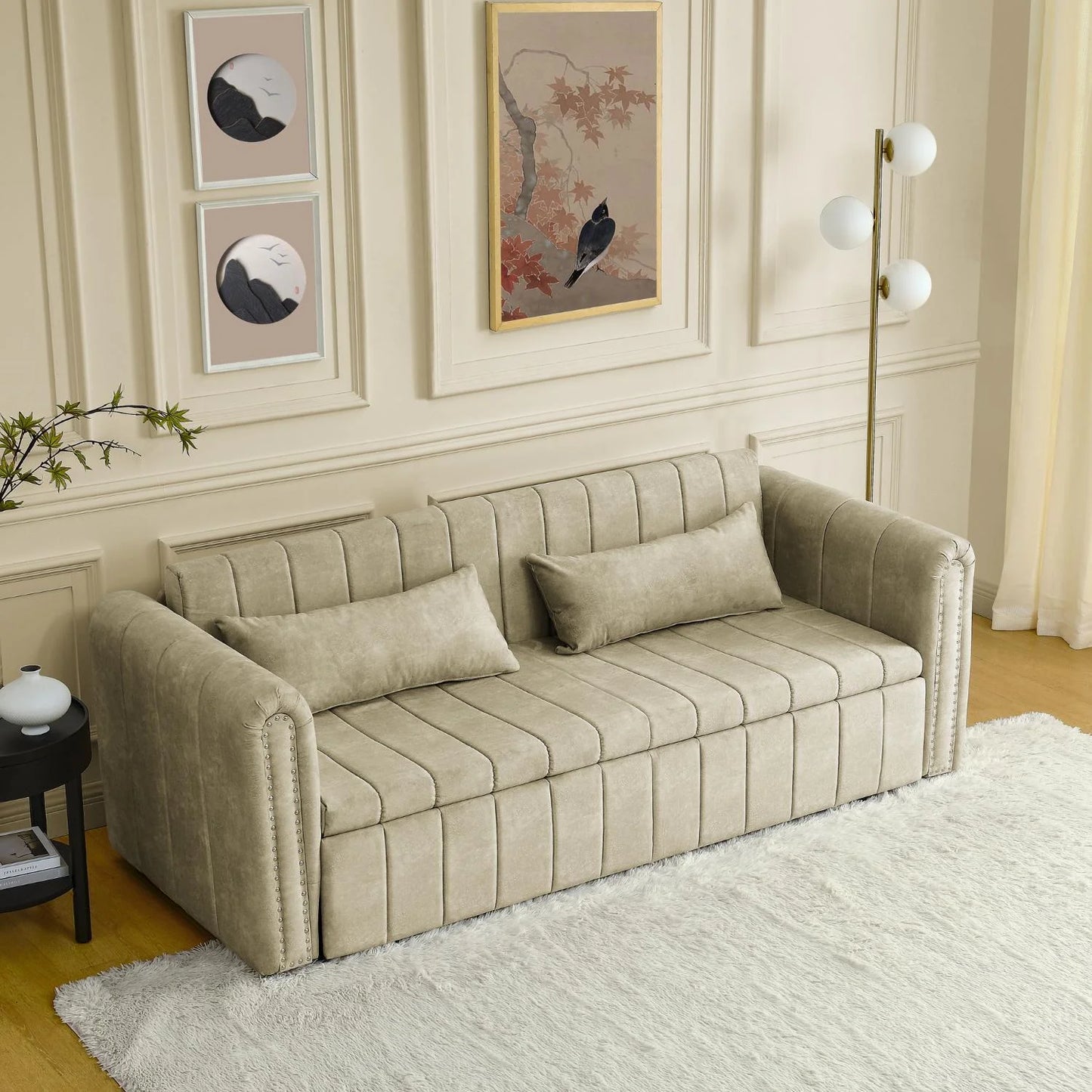 Ucloveria 3-in-1 Pull Out Bed Sleeper, Modern Upholstered 3 Seater Lounge Sofa and Couch with Roll Up Armrests, Convertible Futon 3 Seater Sofa Bed with Two Drawers and Two Pillows