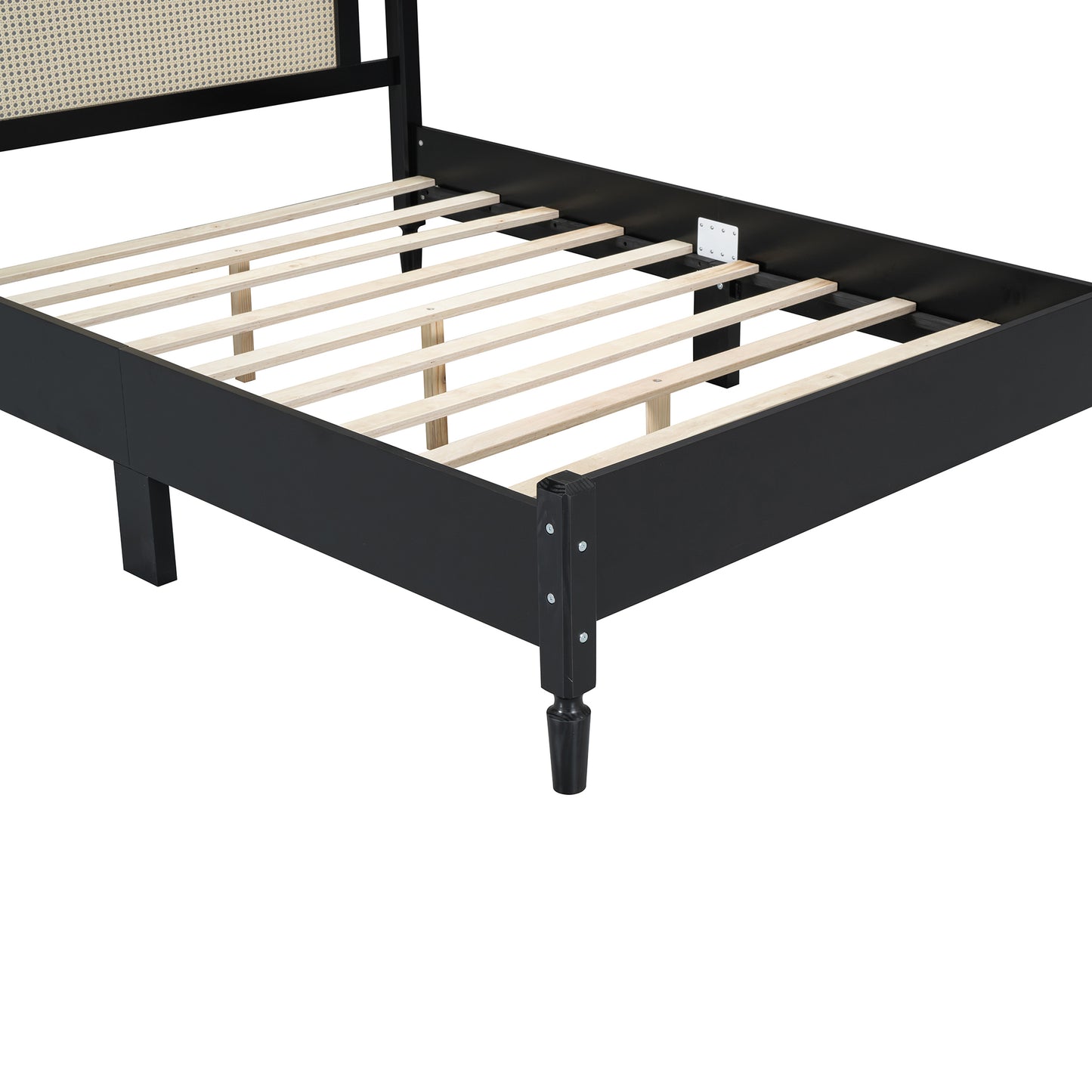 Full Size Wooden Platform Bed with Natural Rattan Headboard, Vintage Bed Frame with Wooden Slat Support, Black (Expected Arrival Time: 08.23)
