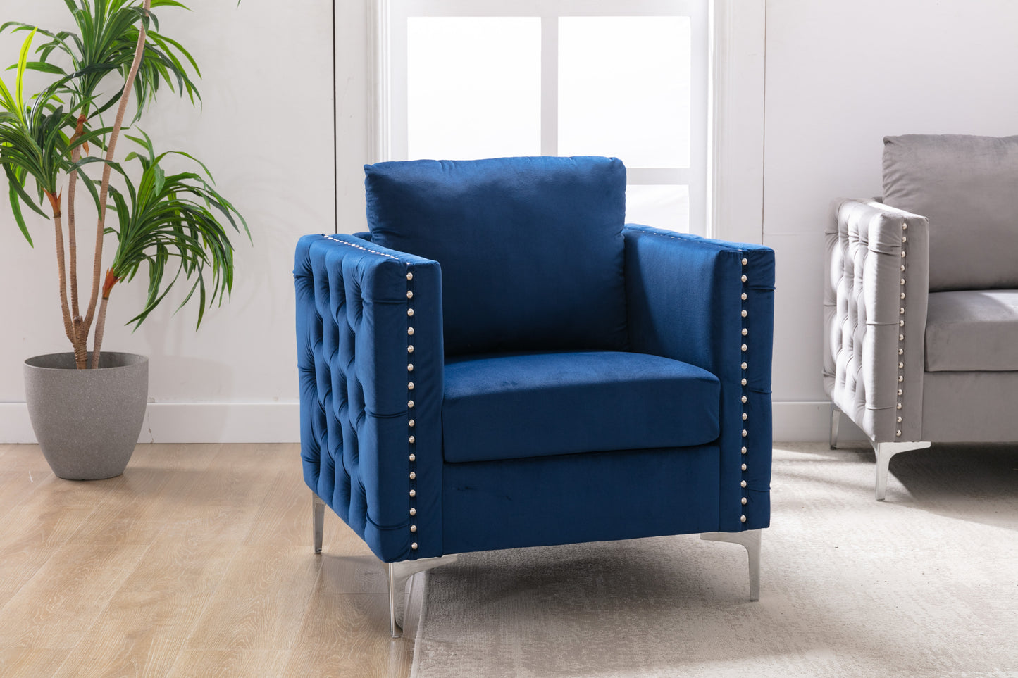 Modern Velvet Armchair Tufted Button Accent Chair Club Chair with Steel Legs for Living Room Bedroom,Navy