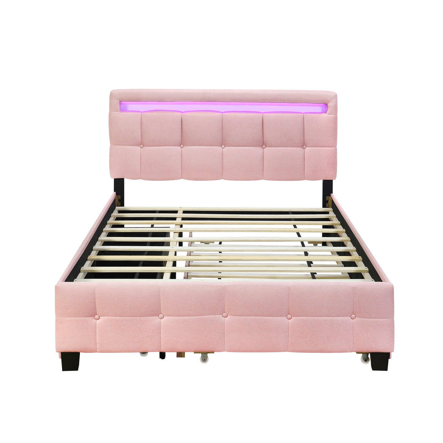 Queen Size Upholstered Platform Bed with LED Frame, with Twin XL Size Trundle and 2 drawers, Linen Fabric, Pink