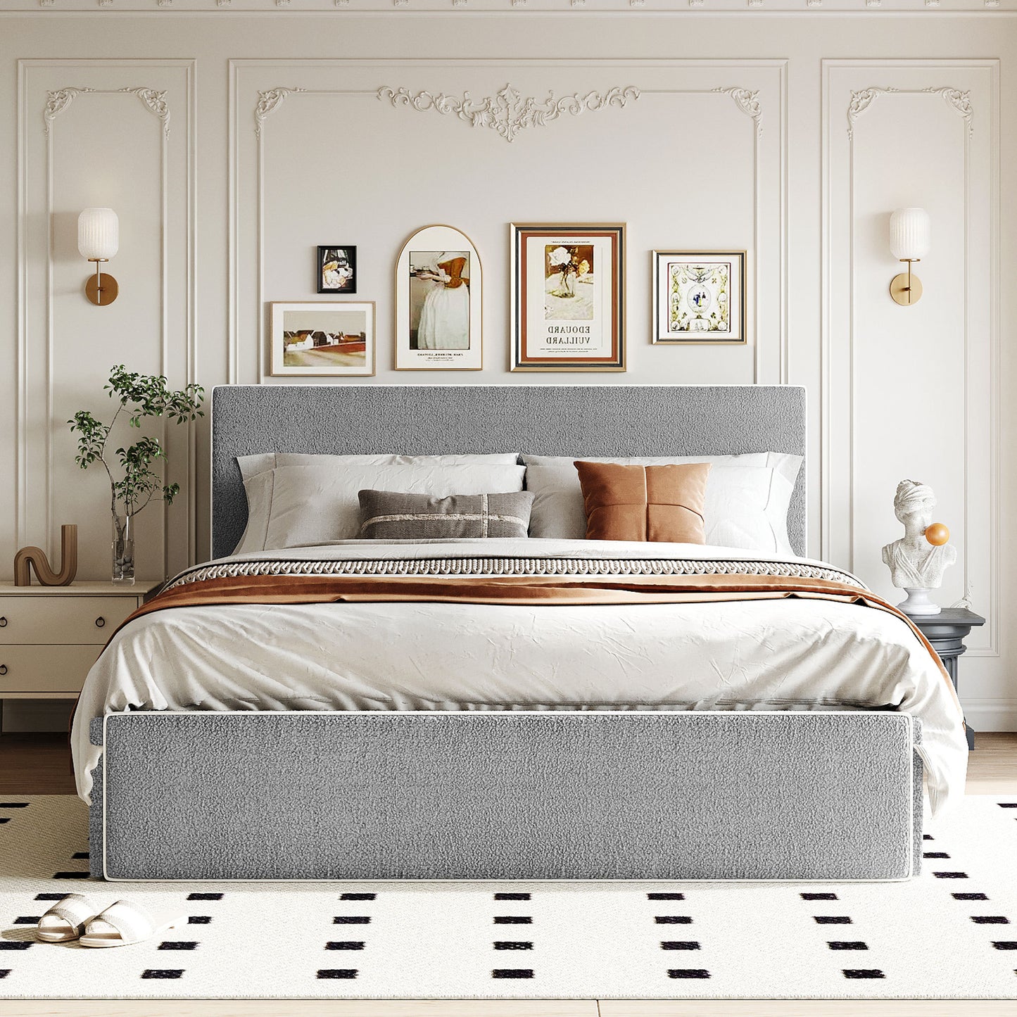 Queen Size Upholstered Platform Bed with 4 Drawers and White Edge on the Headboard & Footboard, Gray