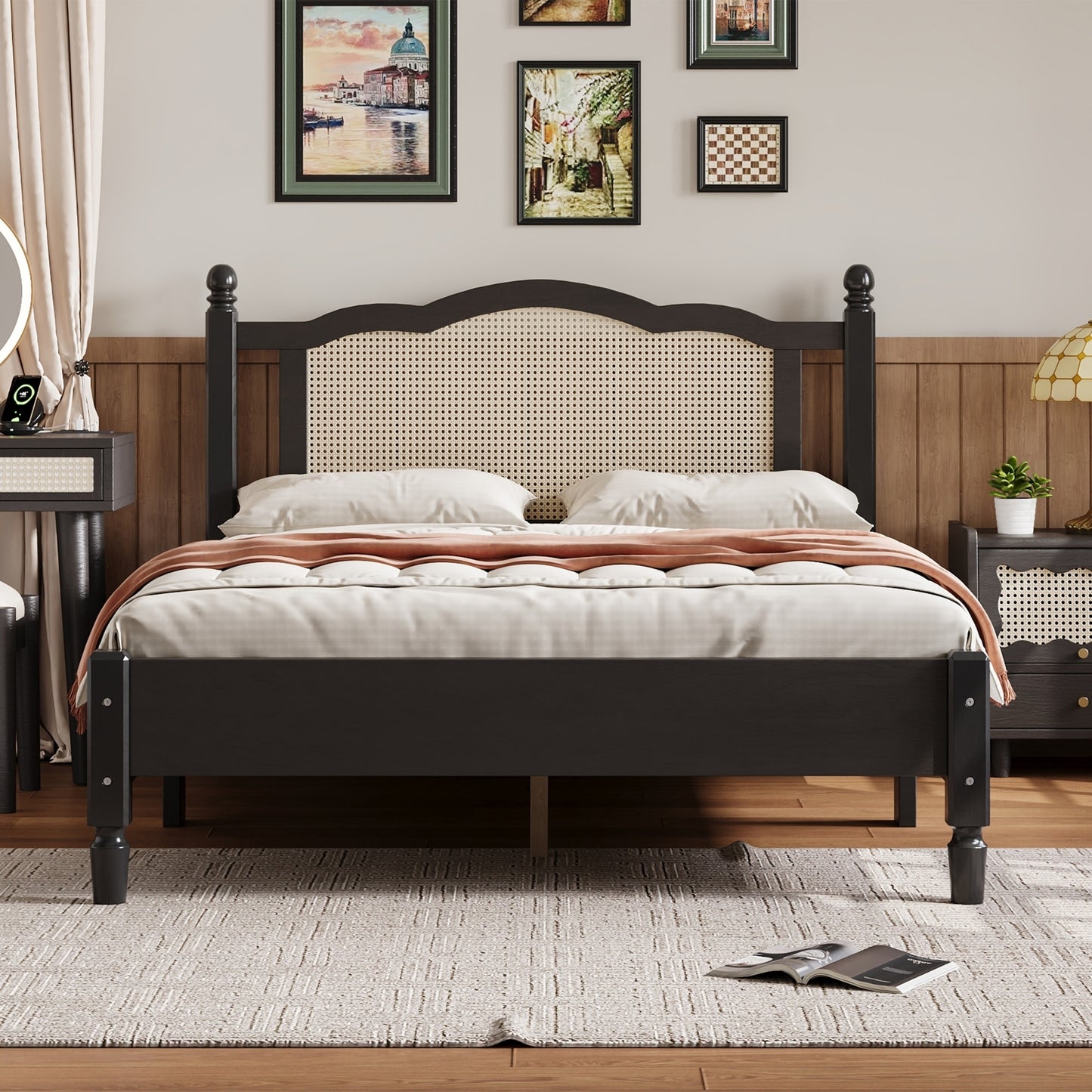 Full Size Wooden Platform Bed with Natural Rattan Headboard, Vintage Bed Frame with Wooden Slat Support, Black (Expected Arrival Time: 08.23)