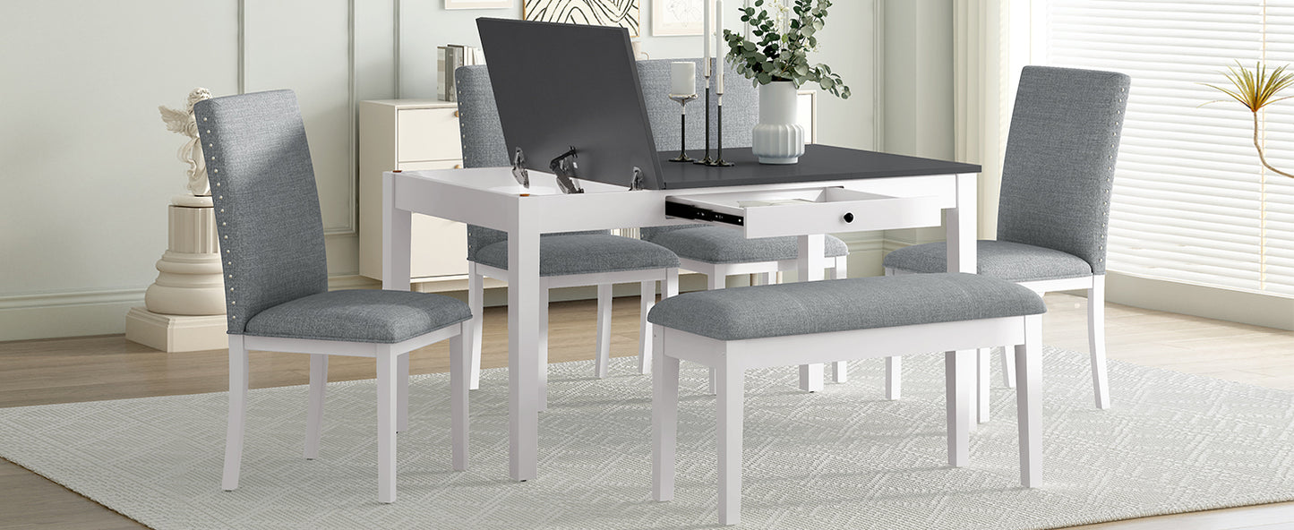 TOPMAX Farmhouse 6-Piece Dining Table Set with Storage Table, Kitchen Table Set with Drawer, Storable Bench and Upholstered Dining Chairs, White+Gray