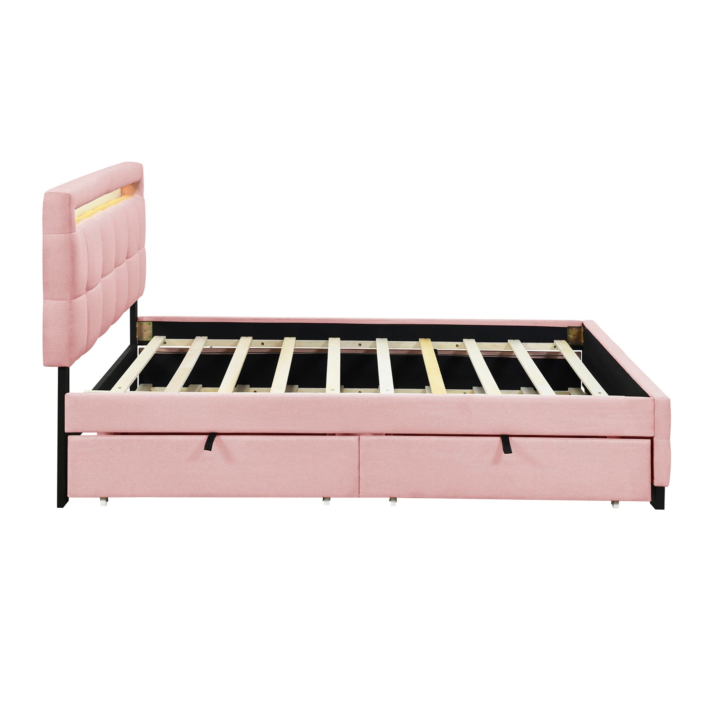Queen Size Upholstered Platform Bed with LED Frame, with Twin XL Size Trundle and 2 drawers, Linen Fabric, Pink