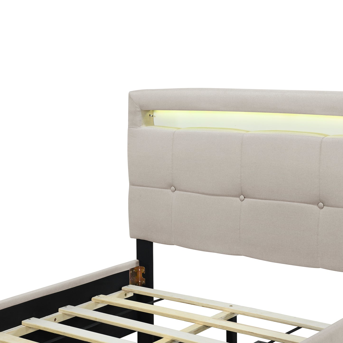 Twin Size Upholstered Platform Bed with LED Frame and 2 Drawers, Linen Fabric, Beige