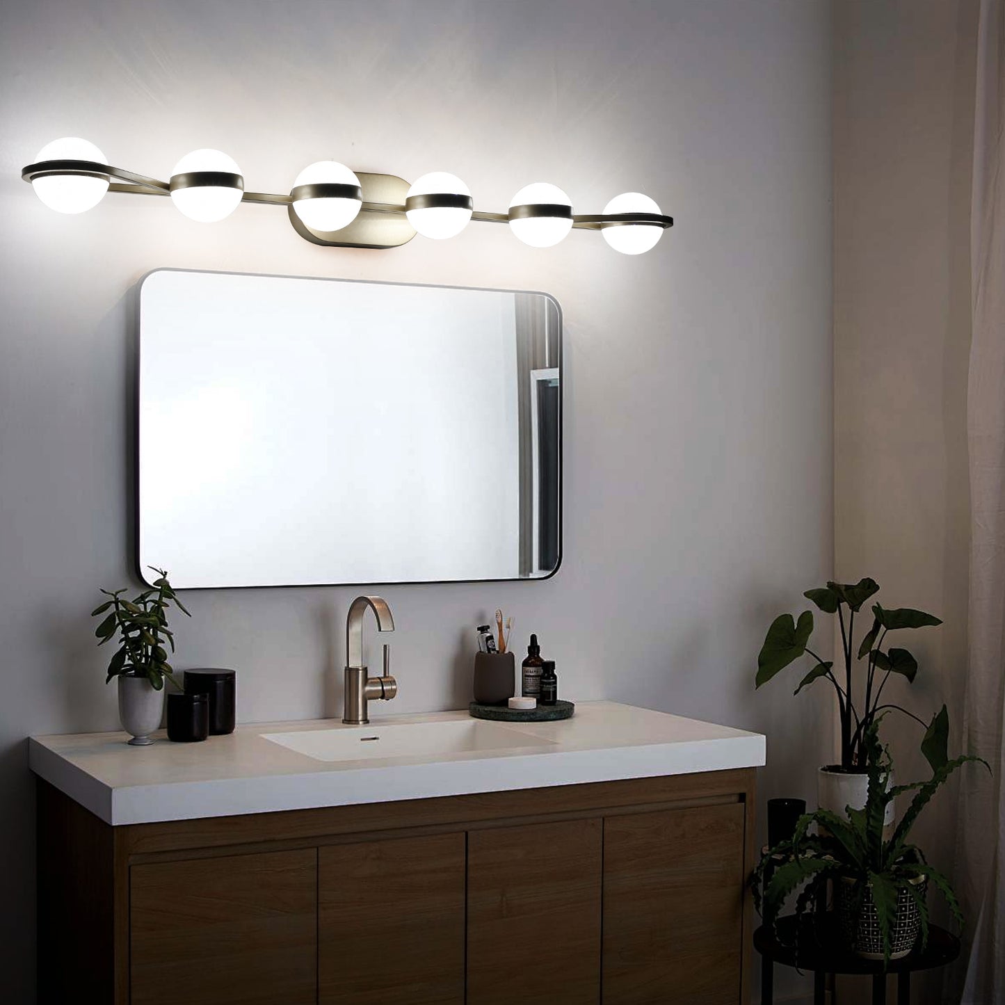 Modern Minimalist Bathroom Vanity Light, LED 6 Bulb Frosted Glass Shades, Wall Mounted Decorative Lighting Fixture, Suitable for Bathroom Vanity Mirror (Champagne Gold)