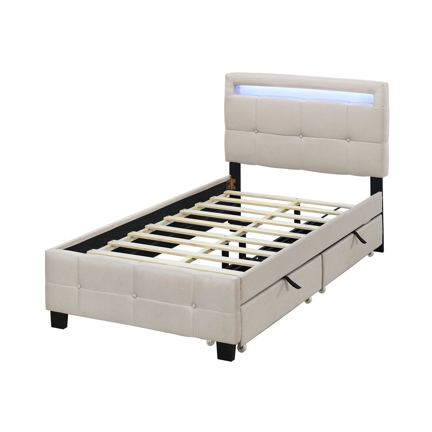 Twin Size Upholstered Platform Bed with LED Frame and 2 Drawers, Linen Fabric, Beige