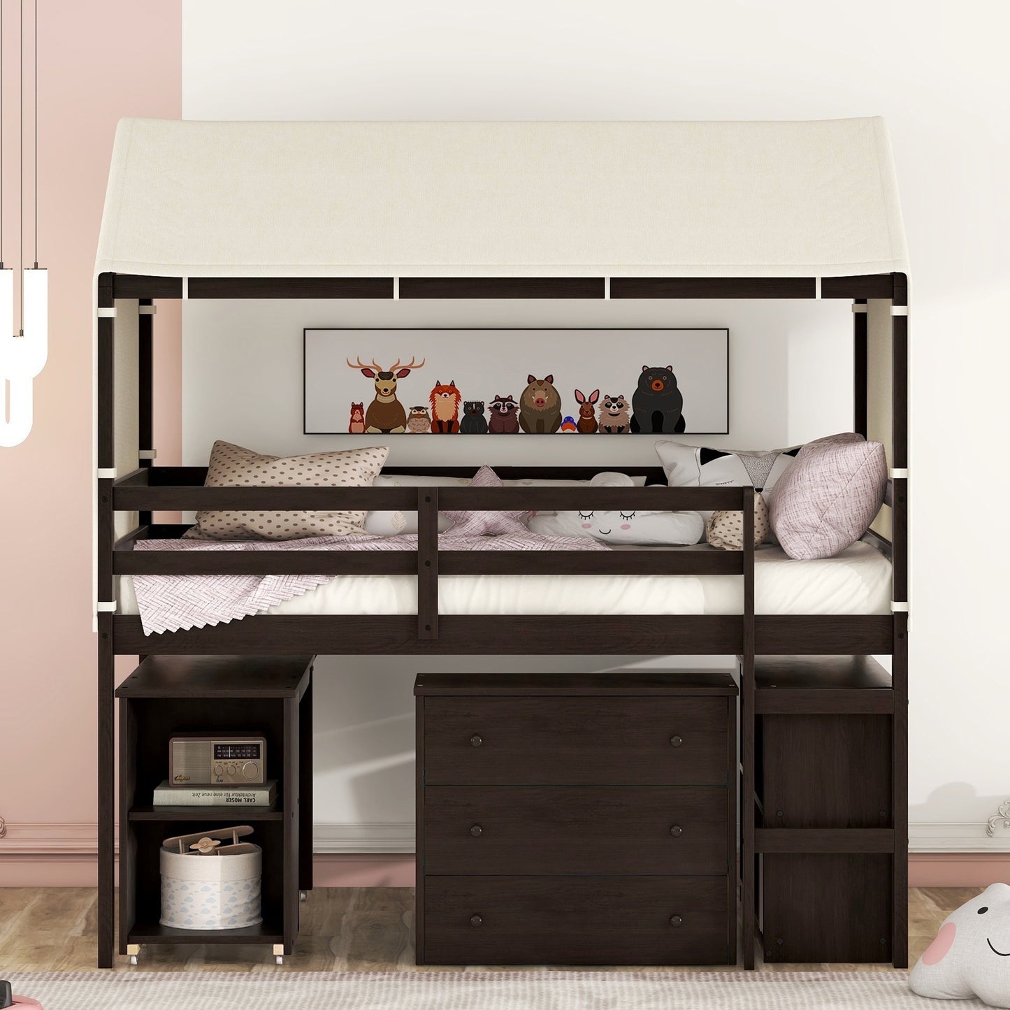 Twin Size Loft Bed with Rolling Cabinet, Shelf and Tent - Espresso