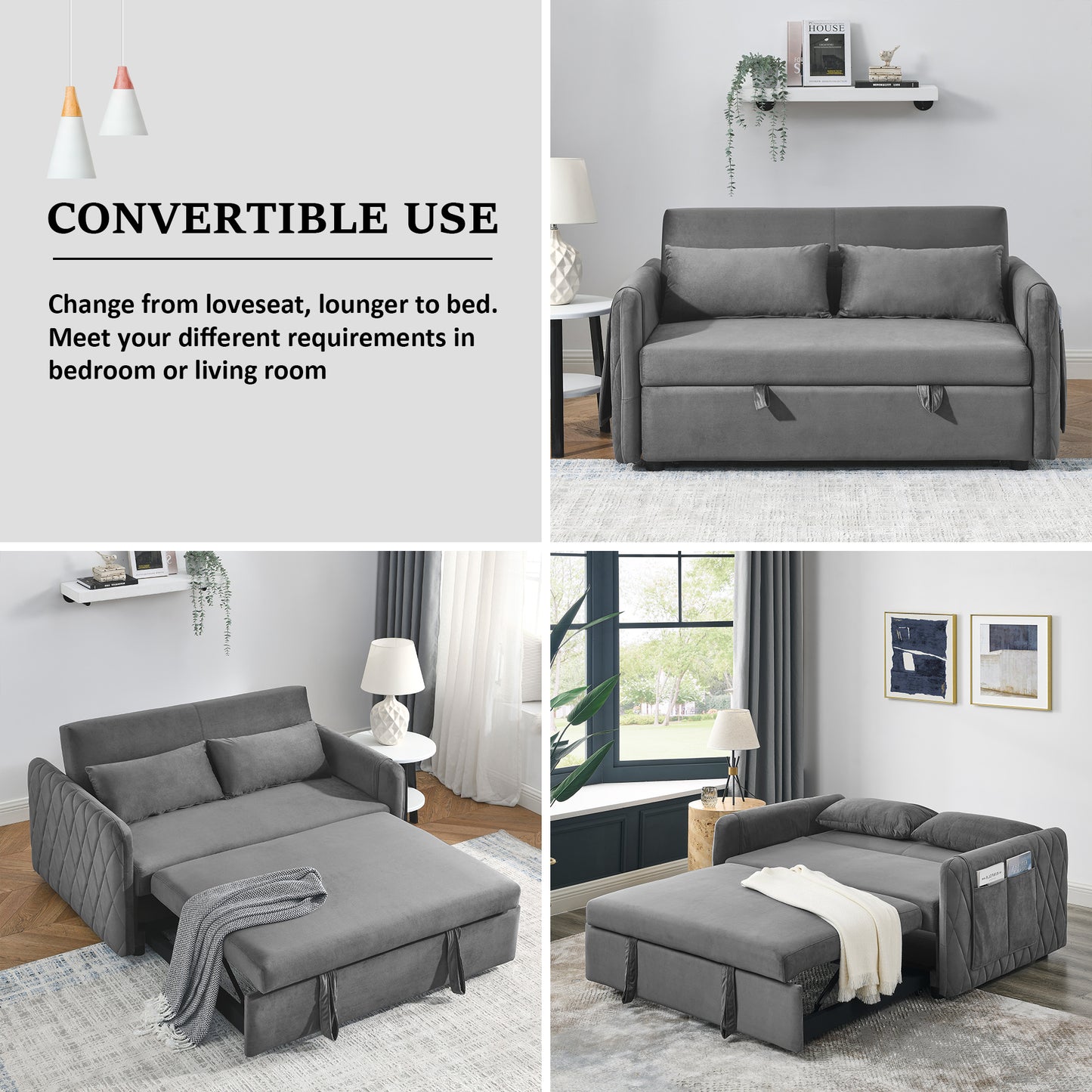 55" Modern Convertible Sofa Bed with 2 Detachable Arm Pockets, Velvet Loveseat Sofa with Pull Out Bed, 2 Pillows and Living Room Adjustable Backrest, Grid Design Armrests Gray