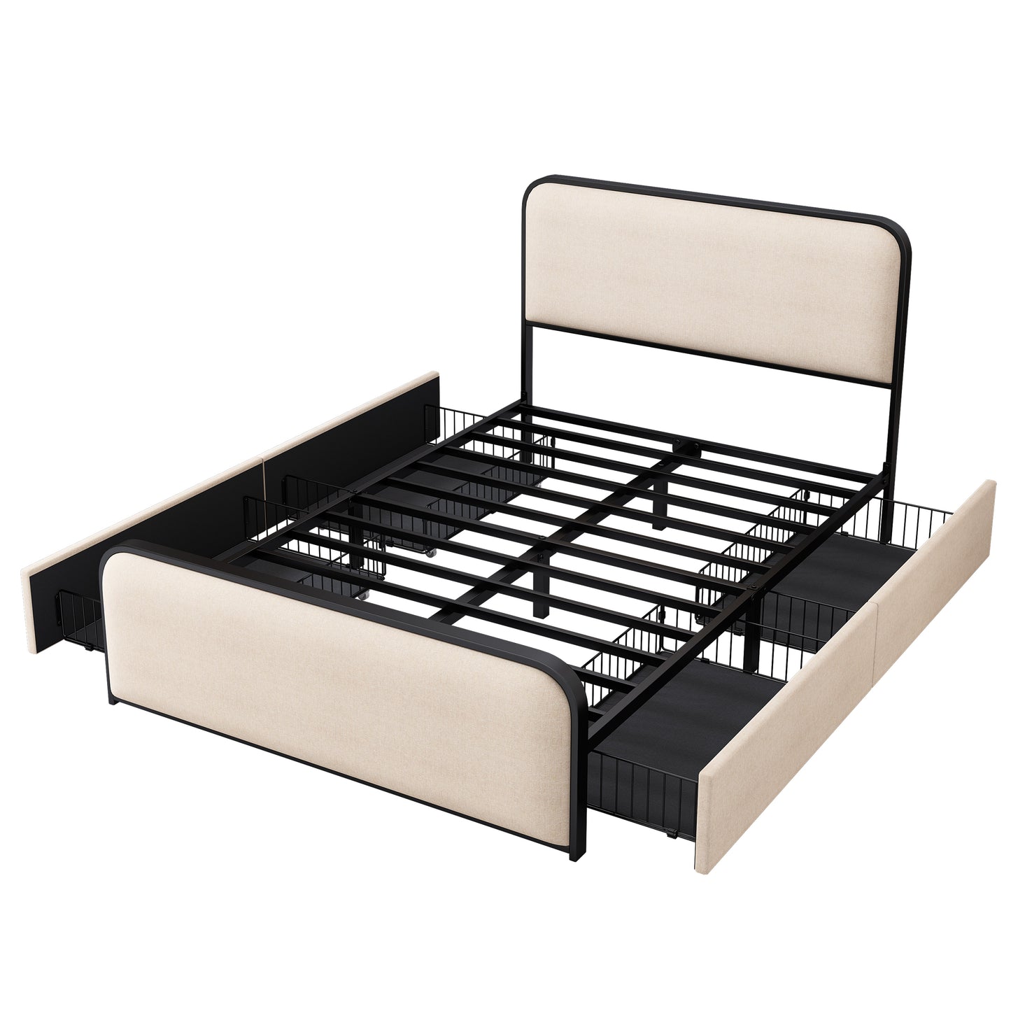 Modern Metal Bed Frame with Curved Upholstered Headboard and Footboard Bed with 4 Storage Drawers, Heavy Duty Metal Slats, Full Size, Beige