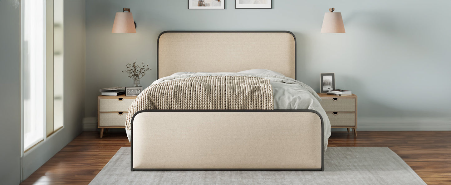 Modern Metal Bed Frame with Curved Upholstered Headboard and Footboard Bed with Under Bed Storage, Heavy Duty Metal Slats, King Size, Beige