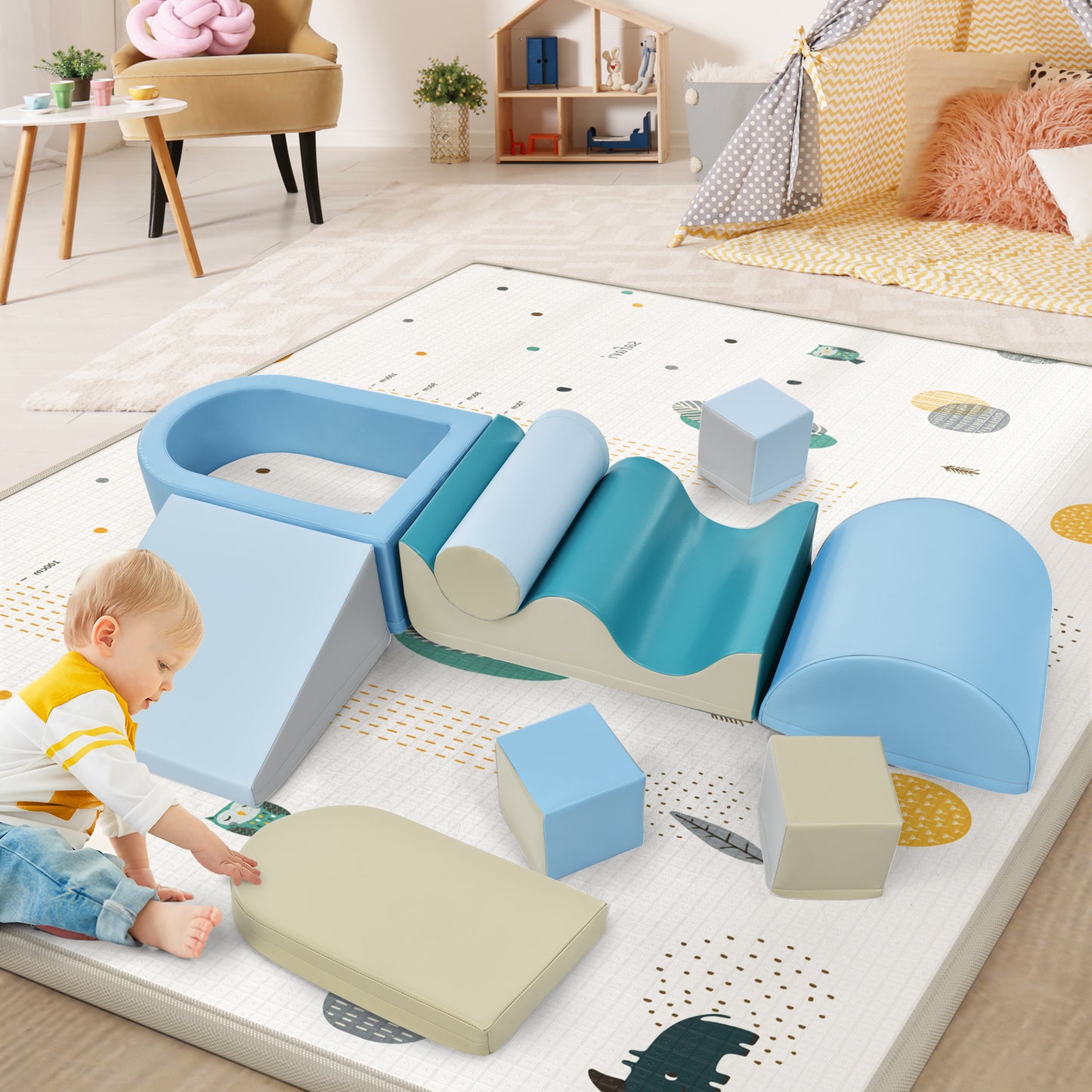 Soft Climb and Crawl Foam Playset 8 in 1 , Safe Soft Foam Nugget Block for Infants, Preschools, Toddlers, Kids Crawling and Climbing Indoor Active Play Structure