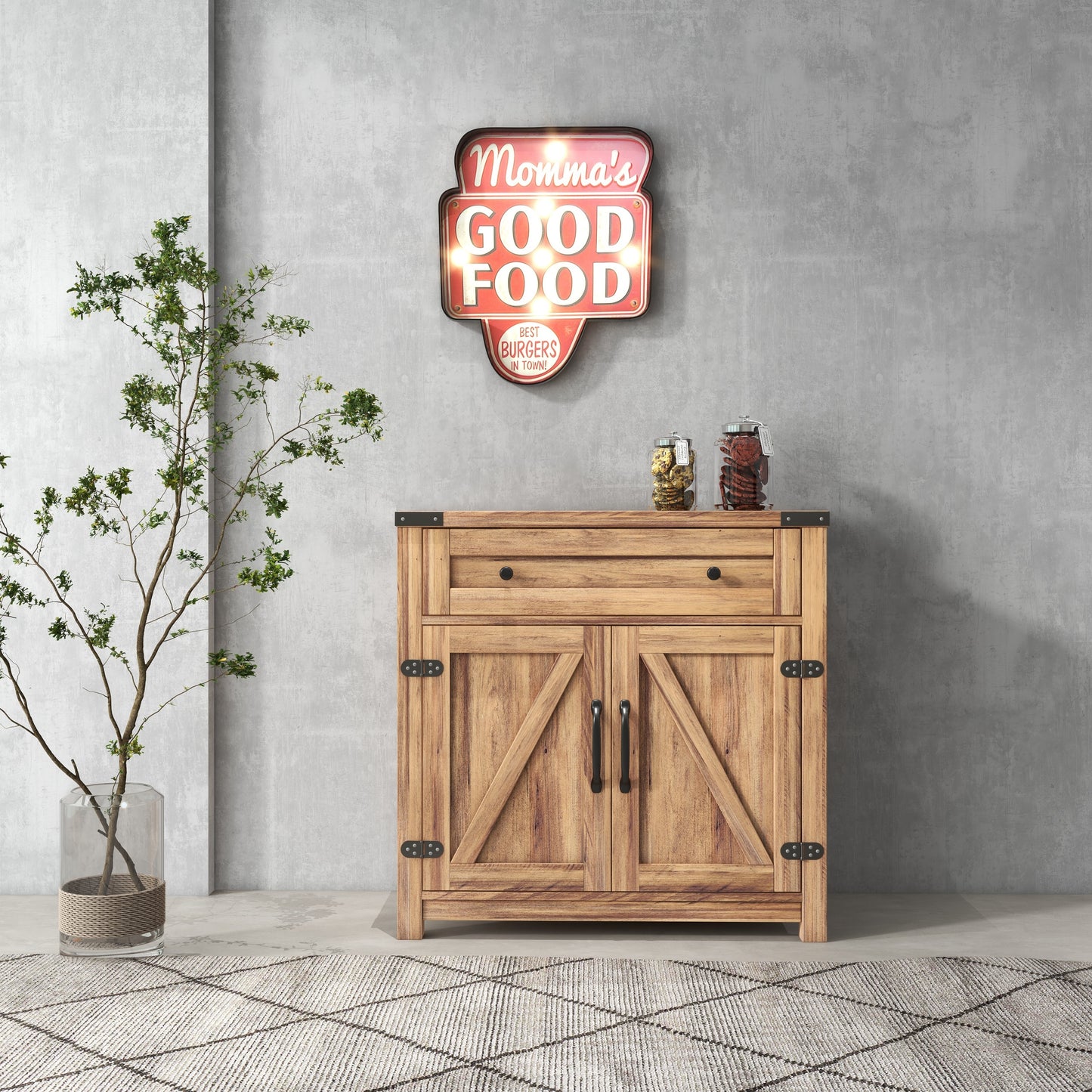 Modern Farmhouse Double Barn Door Accent Cabinet, 30 Inch, Light brown