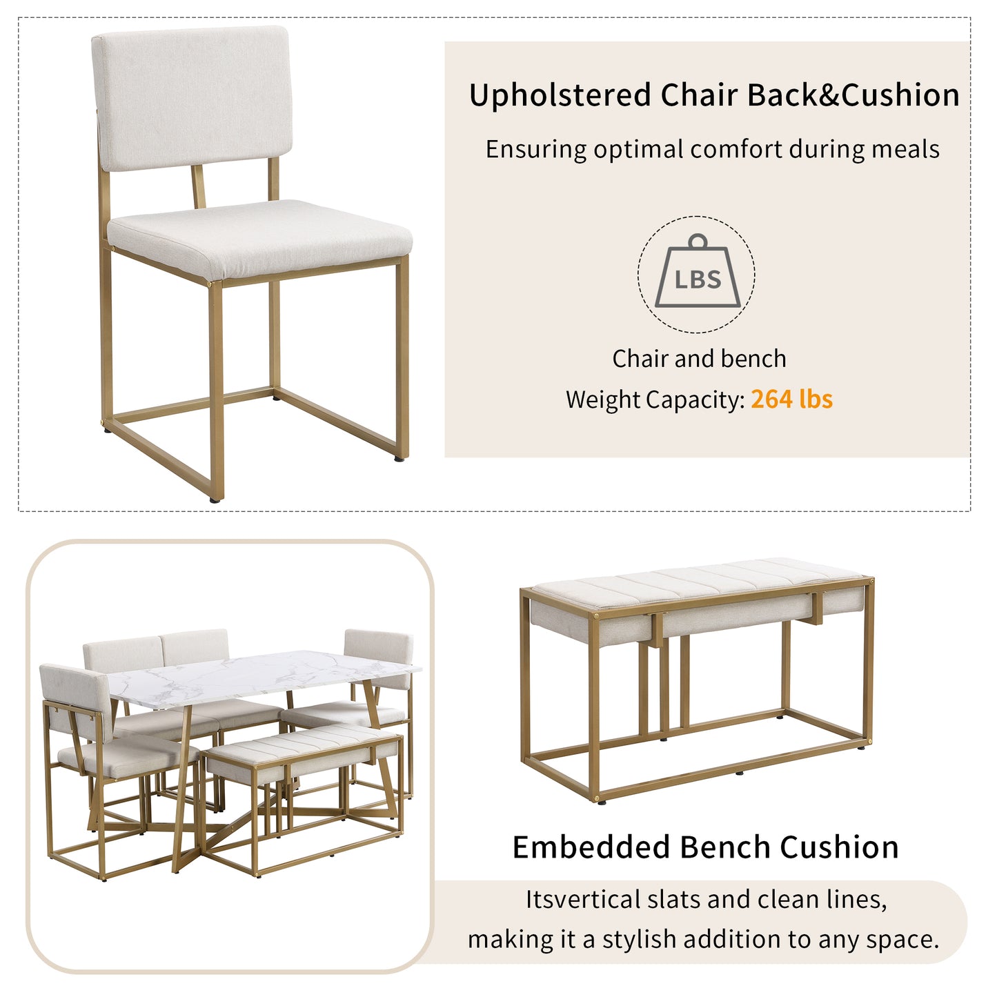 TOPMAX Modern Faux Marble 6-Piece Dining Table Set,60inch Metal Kitchen Table Set with Upholstered Dining Chairs and Bench, Golden