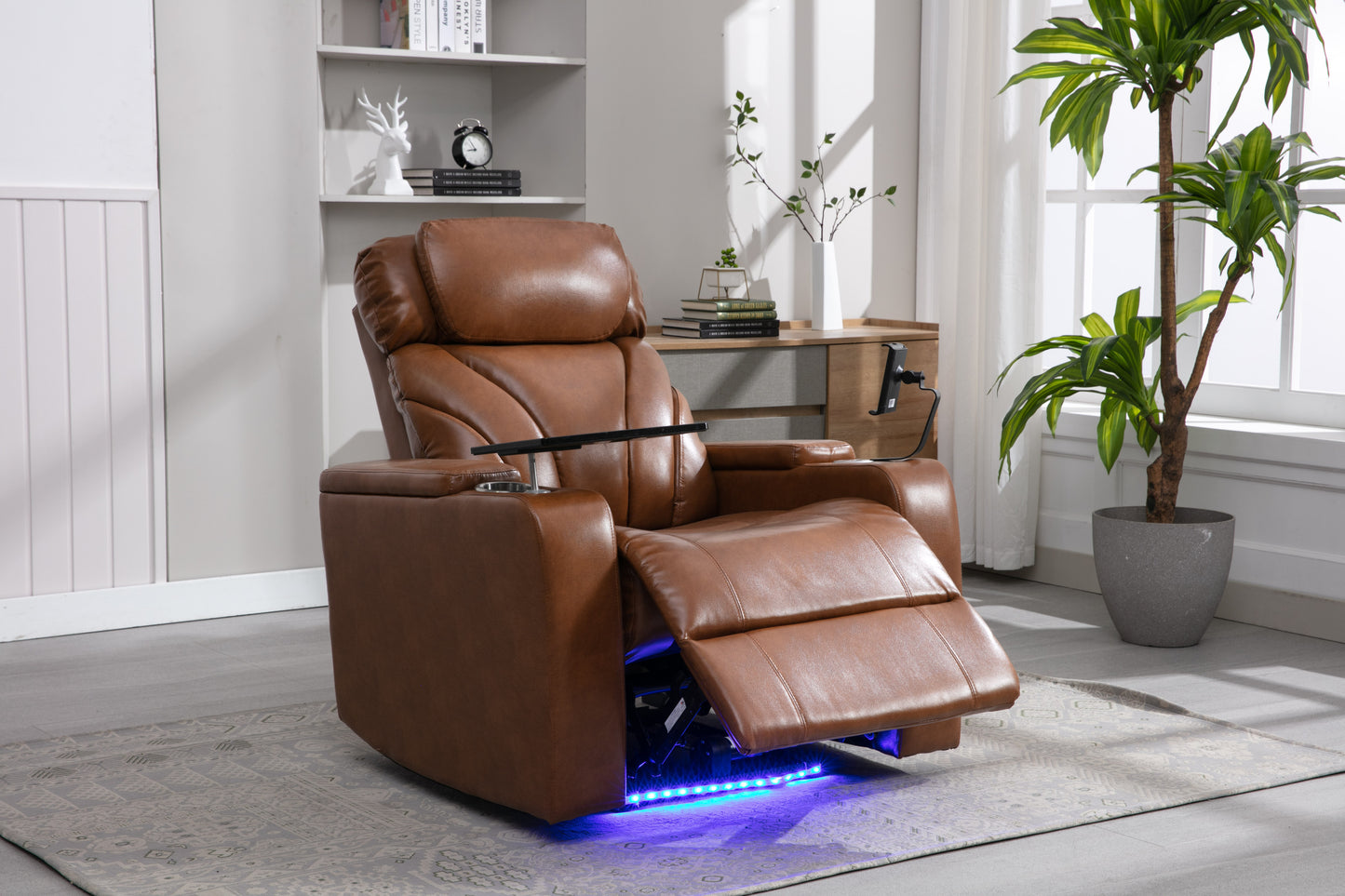 Power Motion Recliner with USB Charging Port and Hidden Arm Storage, Home Theater Seating with Convenient Cup Holder Design ,and stereo(Light  Brown)