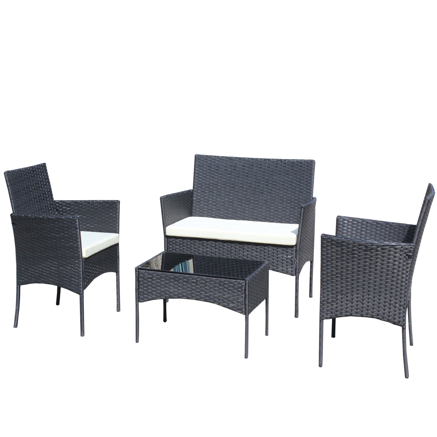 4 PC Rattan Patio Furniture Set Outdoor Patio Cushioned Seat Wicker Sofa (Beige Cushion)