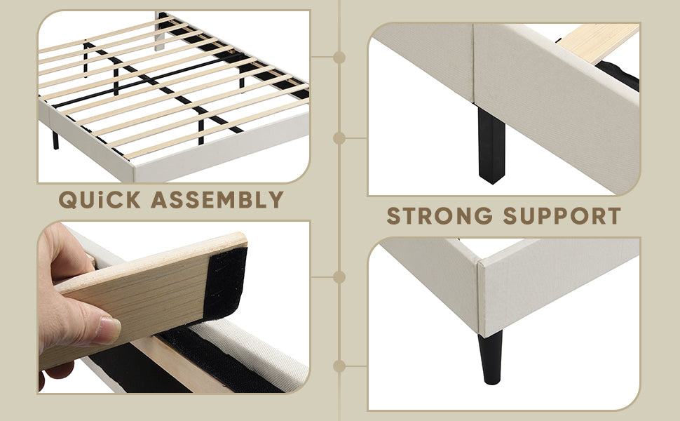 Full Size Platform Bed Frame with Fabric Upholstered Headboard and Wooden Slats, No Box Spring Needed/Easy Assembly, Beige