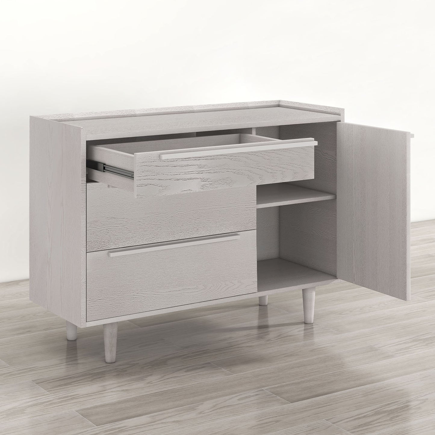 Modern Sideboard with 3 Drawers Storage Cabinet Entryway Floor Cabinet Sideboard Dresser with Solid Wood Legs for bedroom and living room , Stone Gray