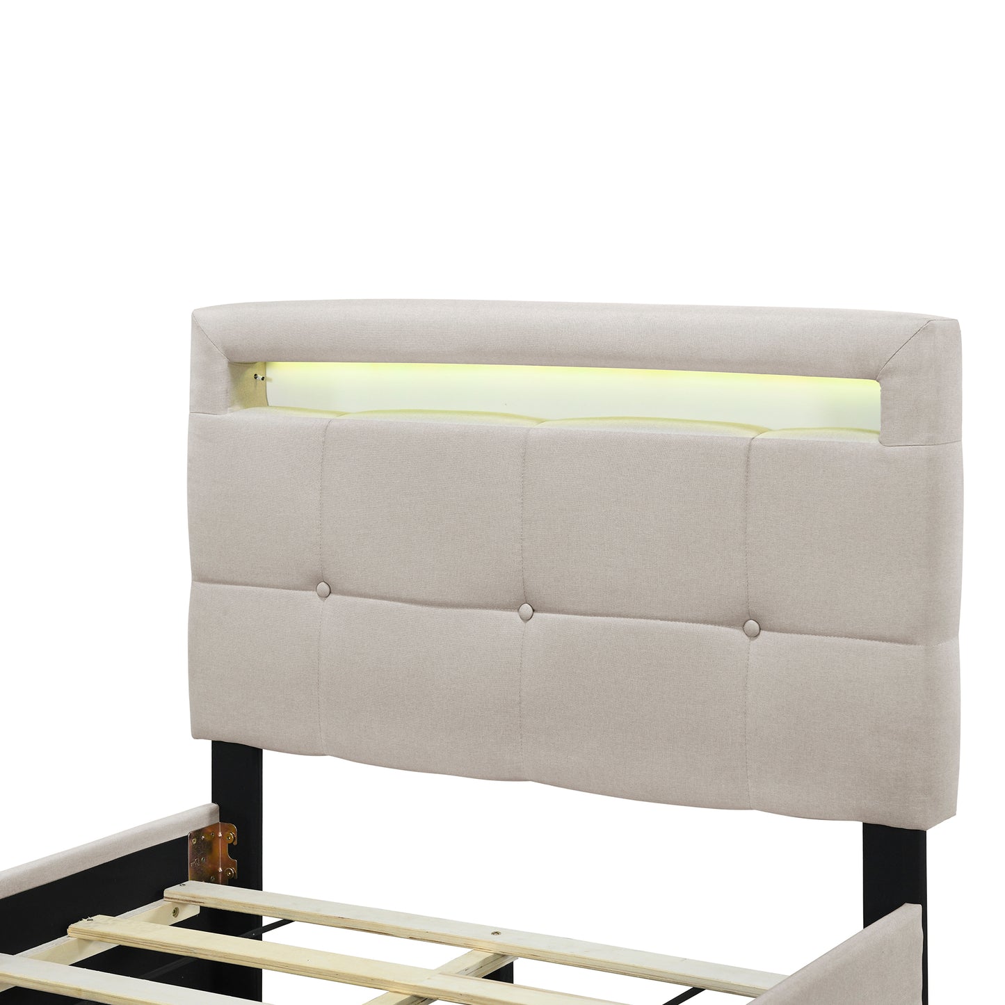 Twin Size Upholstered Platform Bed with LED Frame and 2 Drawers, Linen Fabric, Beige