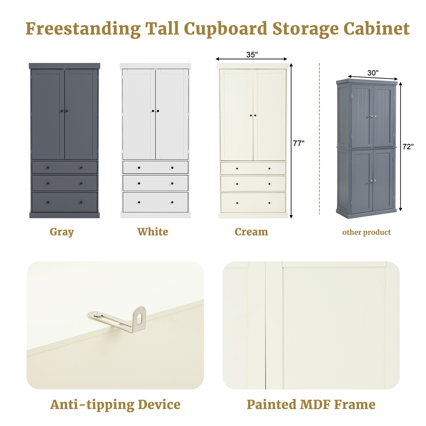 [Assembly Video Provided]TOPMAX 77inch Farmhouse Kitchen Pantry, Freestanding Tall Cupboard Storage Cabinet with 3 Adjustable Shelves, 8 Door Shelves, 3 Drawers for Kitchen, Dining Room, Cream