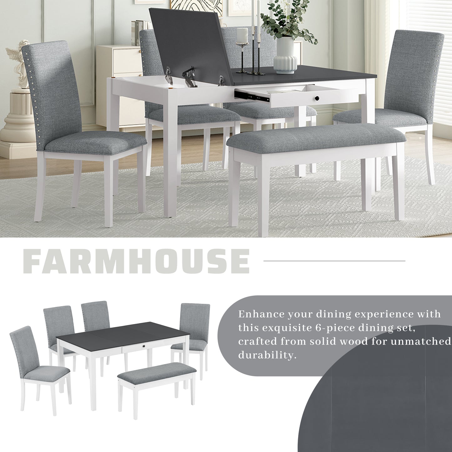 TOPMAX Farmhouse 6-Piece Dining Table Set with Storage Table, Kitchen Table Set with Drawer, Storable Bench and Upholstered Dining Chairs, White+Gray