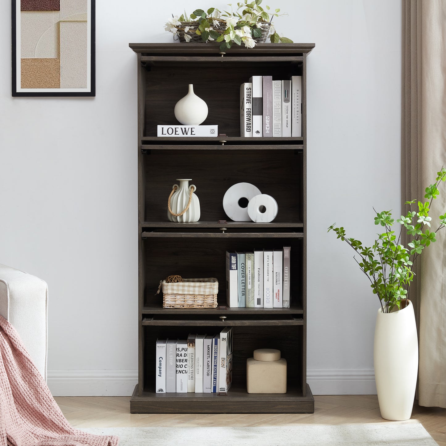 Glass display cabinet 4 Tier Glass Display Cabinet Storage Curio Cabinet with Flip up Glass Doors, Collectors Showcase Toy Figure Organizers Rack, Bookcase for Living Room BRO