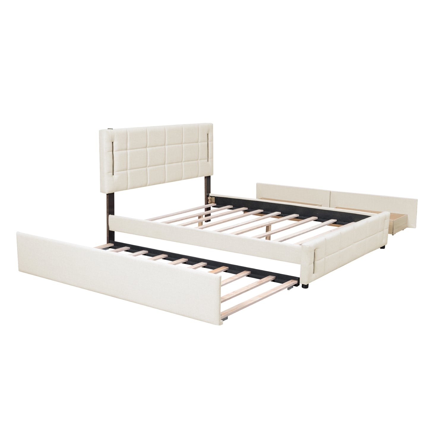 Queen Size Upholstered Platform Bed with Trundle and Drawers, Beige