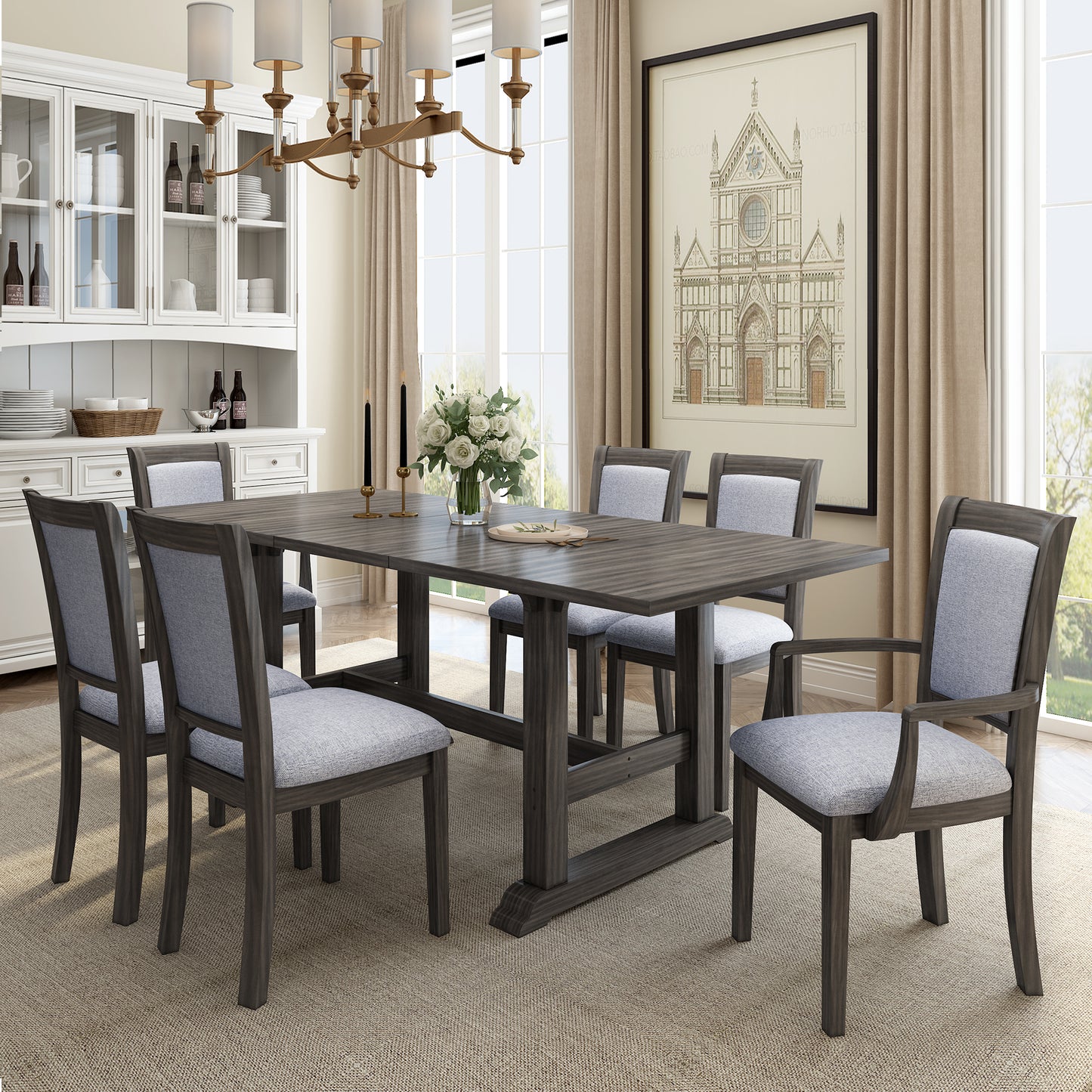 TOPMAX 7-Piece Updated 76.9inch Extendable Trestle Dining Table Set with Removable Leaf, Kitchen Table Set with Upholstered Side Chair and Arm Chair, Set of 6, Grey