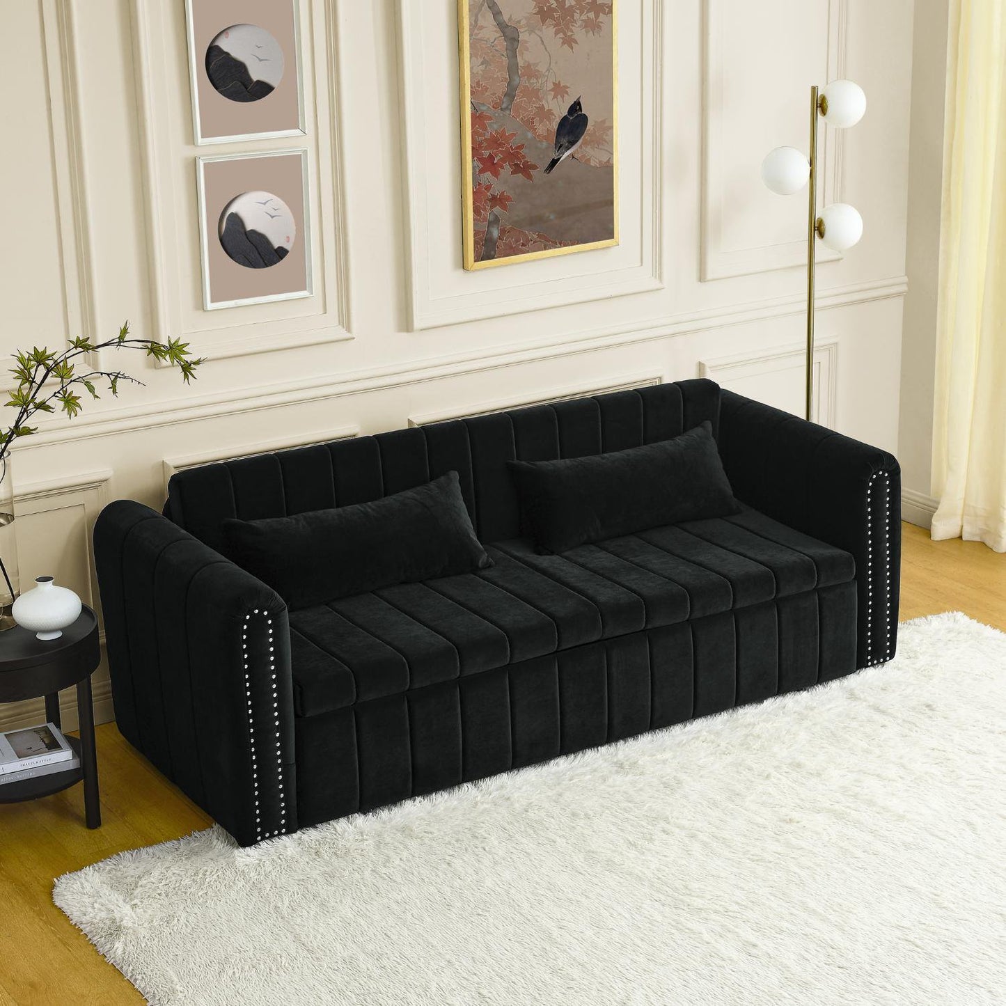 Ucloveria 3-in-1 Pull Out Bed Sleeper, Modern Upholstered 3 Seater Lounge Sofa and Couch with Roll Up Armrests, Convertible Futon 3 Seater Sofa Bed with Two Drawers and Two Pillows
